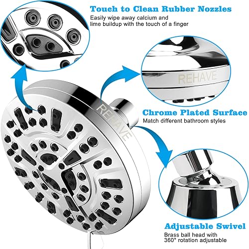 Miniatura 5 de REHAVE Cabezal de ducha de lluvia de 5.1 pulgadas con 63 chorros, 8 modos de pulverización, acabado cromado, ángulo de latón ajustable, boquillas de