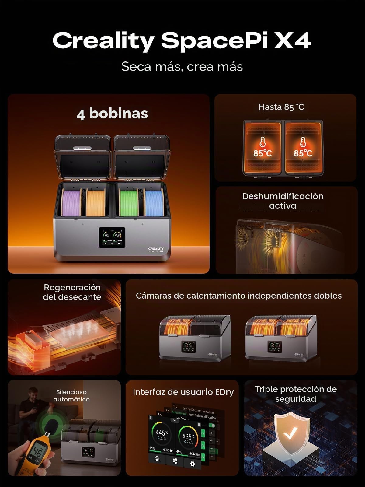 Creality Space Pi X4 - Caja de almacenamiento de filamentos para impresora 3D, doble cámara de calefacción independiente, calefacción PTC de 200 W hasta 85 °C, secado rápido, modo de ahorro de energía