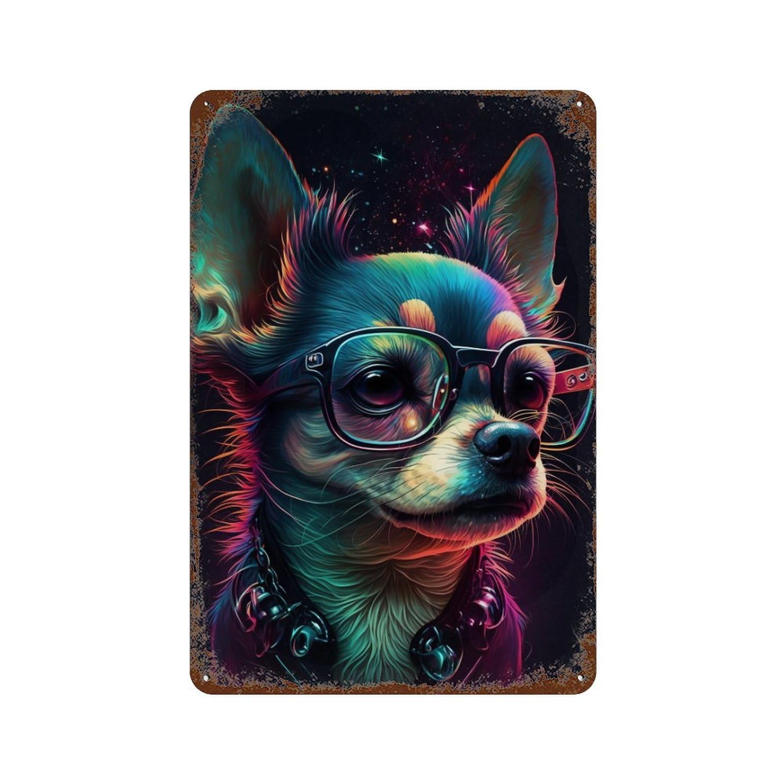 Neon Chihuahua Glasses Art Print 11.8"x7.9" Aged Metal Wall Plaque, Vintage Wall Decor for Basement, Hobby Room And Garage Decor