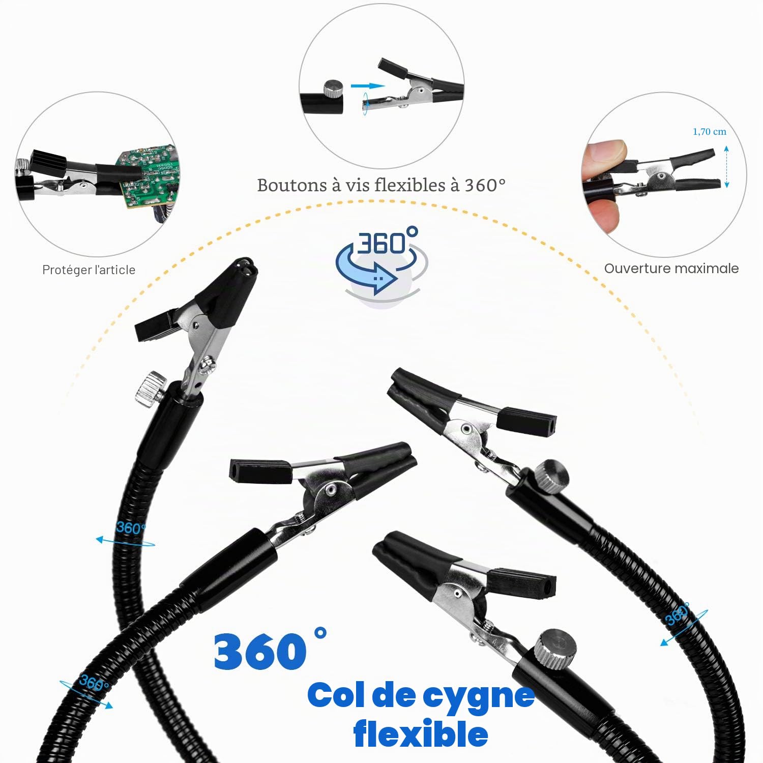 Support Multifonction Troisième Main Soudure, Avec 5 Bras Flexible secourable Pince clip réglable Loupe 3X et LED à 3 modes, adaptées au travail des ingénieurs en soudure electronique