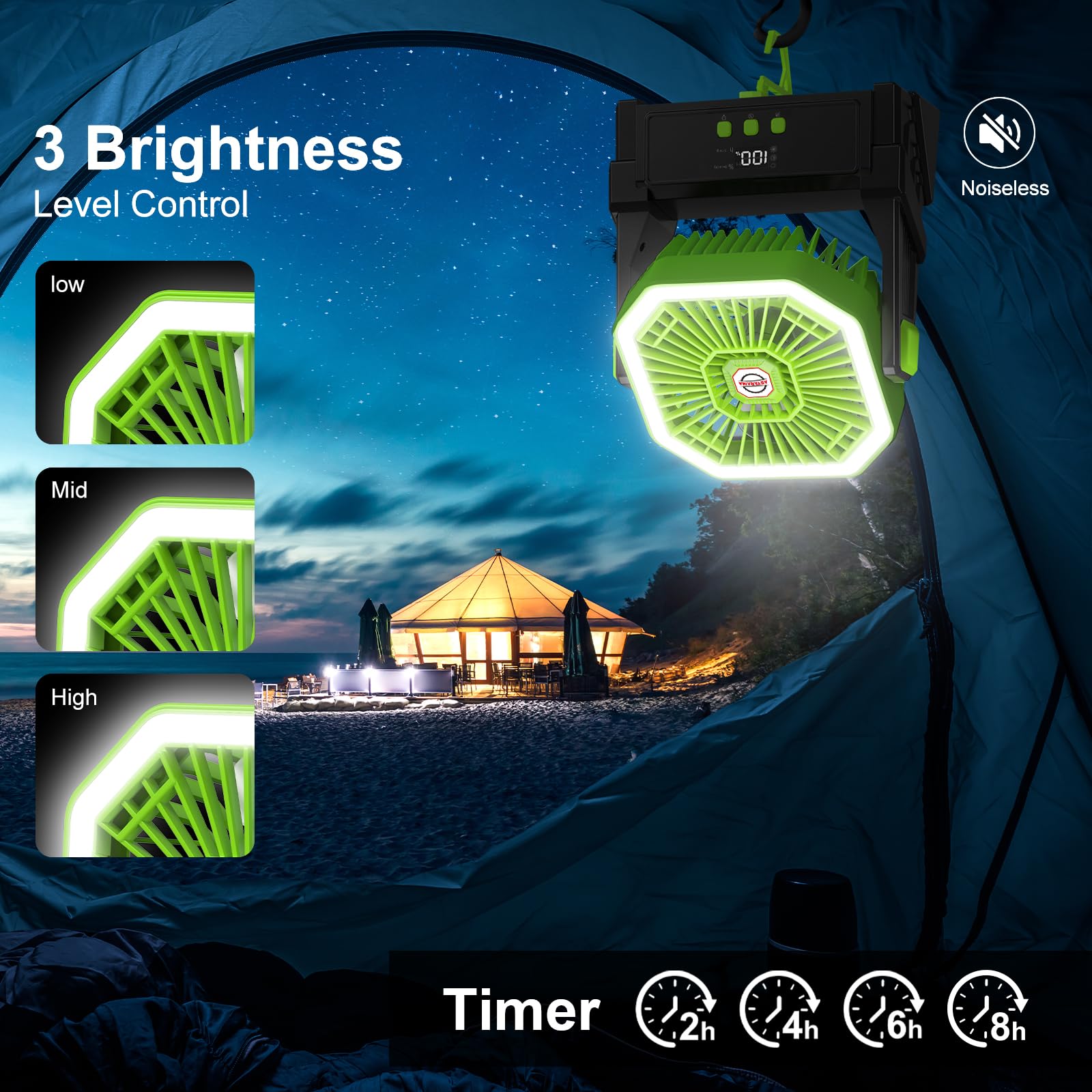 Astarama Ventilatore solare da 10000 mAh, ventilatore da campeggio con pannello solare e luce da 10 W, 4 velocità, funzionamento a batteria, con display LED, timer, gancio per appendere e regolabile a