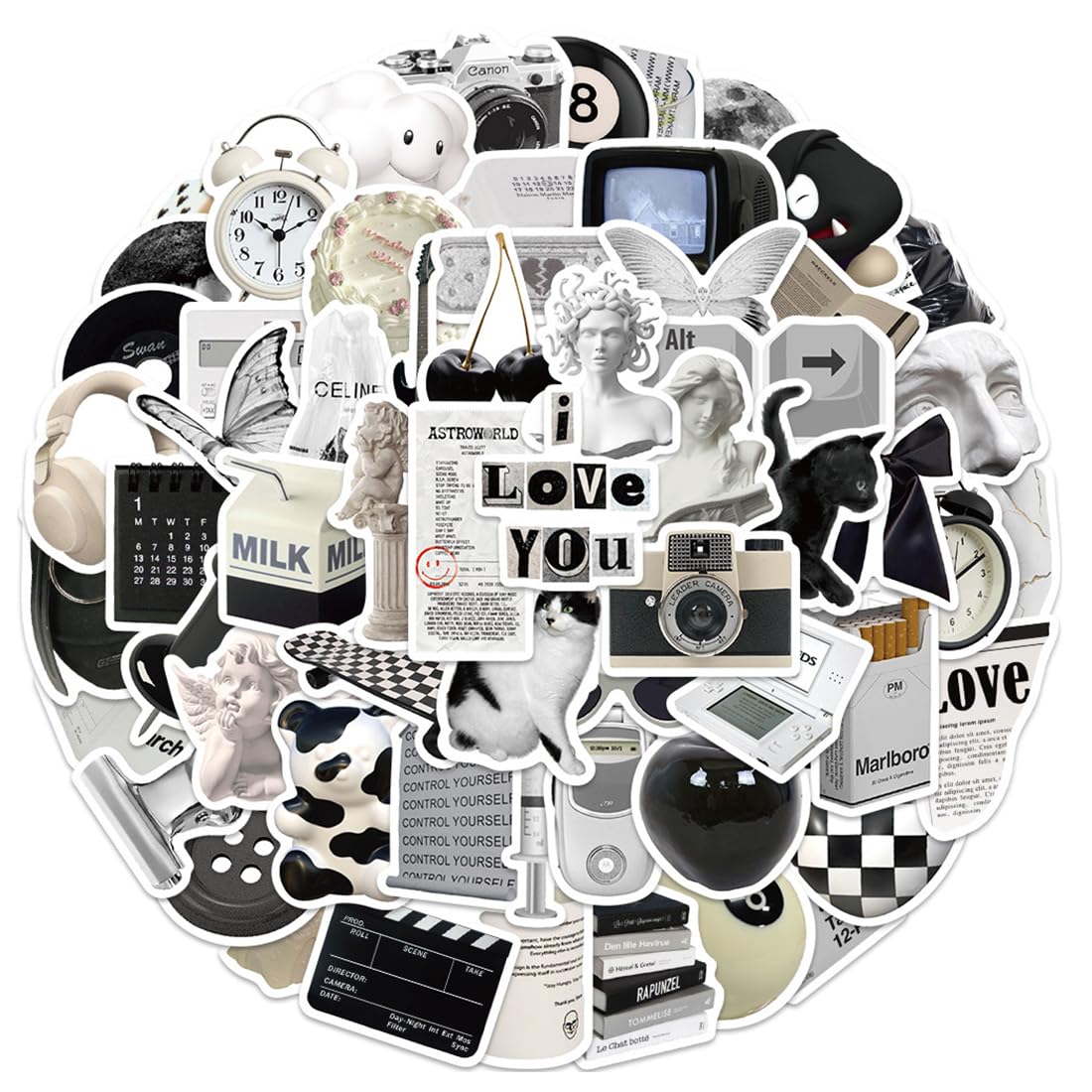 QOWUXHZ 1 Hoja (50 Pcs) Pegatinas Aesthetic Pegatinas De Vinilo Simples En Blanco Y Negro Para Ordenador Portátil Diy Decorar Monopatín Ordenador Teléfono Pegatinas Para Niños Niñas Adolescentes