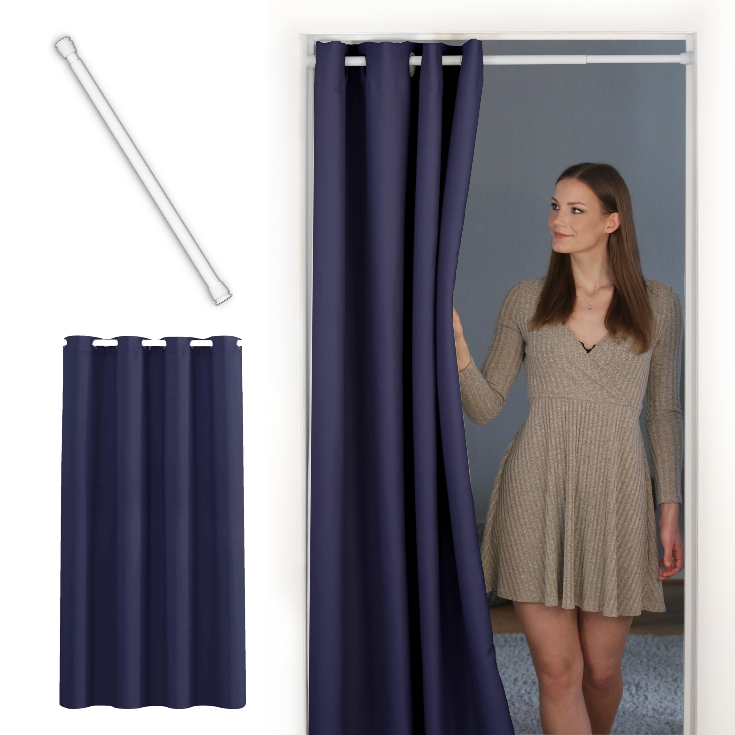 tinycurtains, Thermo Türvorhang mit Teleskopstange, einfache Montage in nur 1 Minute ohne Bohren (Türgardine blau H195 x B150 cm + Stange weiß B55-90 cm)