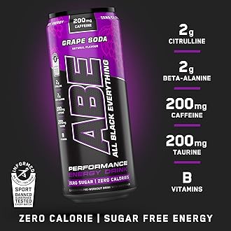 Applied Nutrition ABE Pre Workout Cans - All Black Everything Energy + Performance Drink, ABE Carbonated Beverage Sugar Free with Caffeine (Pack of 12 Cans x 330ml) (American Grape)
