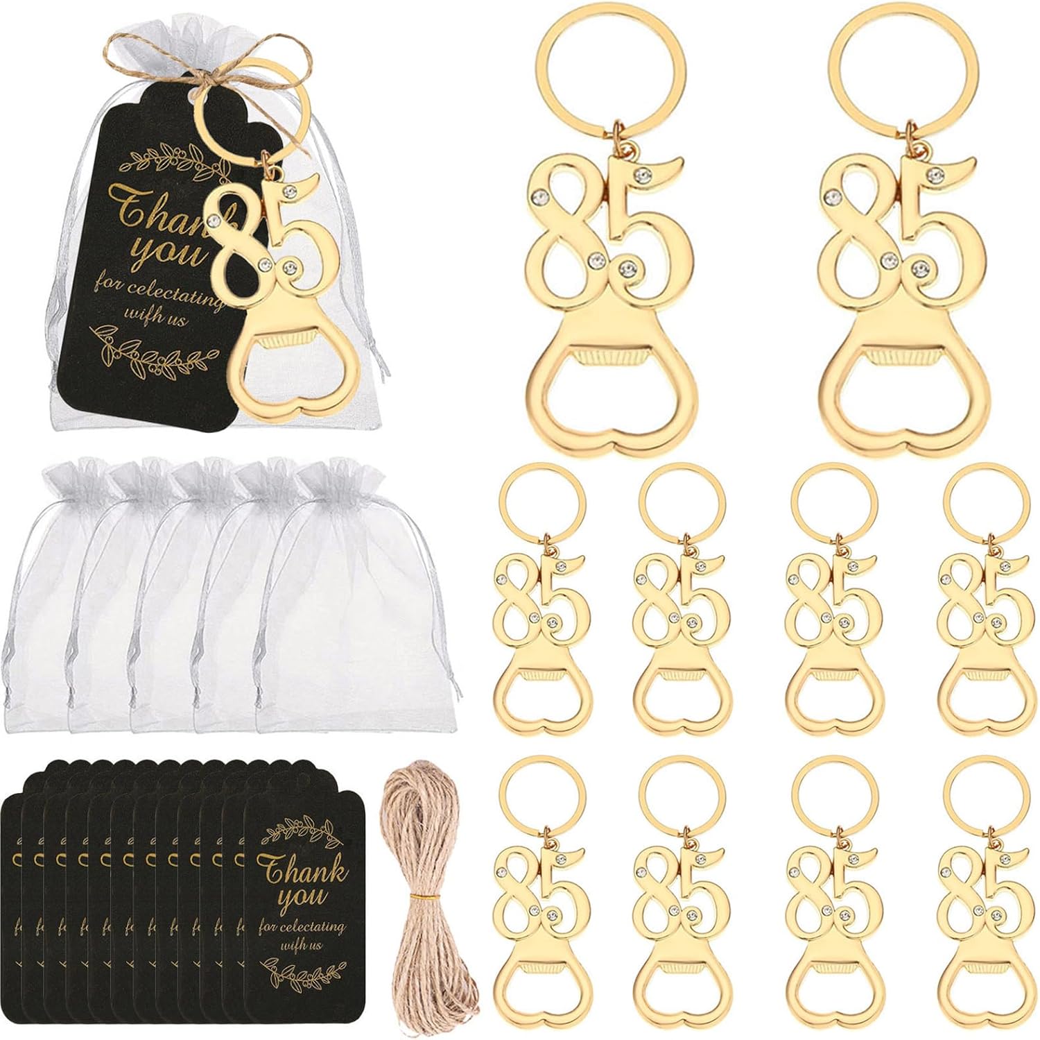 25 Pack 85th Birthday Party Favors Bottle Opener Keychain Bulk Gold 85 Souvenirs Gift Set with Organza Bags Tags for Guests Celebration (85th opener)