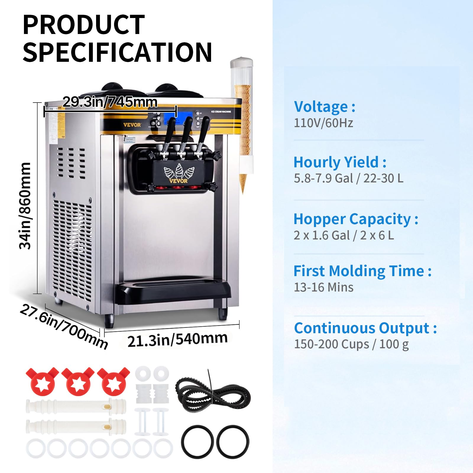 VEVOR Kommerzielle Softeismaschine 22-30 L/h Profi-Eismaschine mit LCD-Display, 3 Geschmacksrichtungen, Edelstahltrichter, Desktop-Design für Gastronomie & Gewerbe
