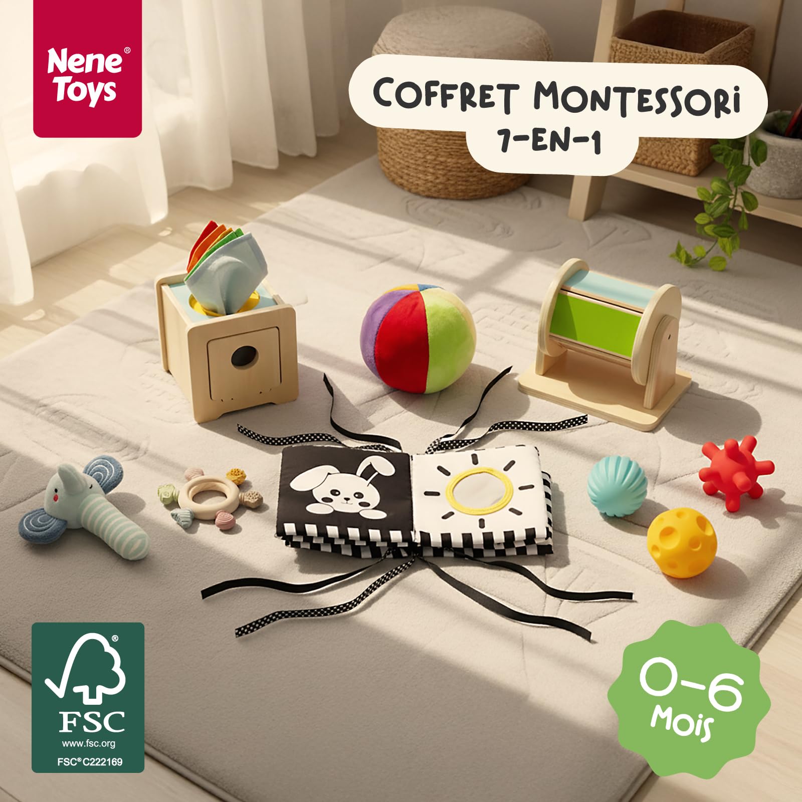 Nene Toys Jouet Montessori Bébé 0–6 Mois – Coffret Sensoriel 7-en-1 en Bois avec Livre Noir & Blanc, Boîte à Mouchoirs, Tambour Rotatif, Balles, Anneau de Dentition & Hochet – Cadeau Naissance