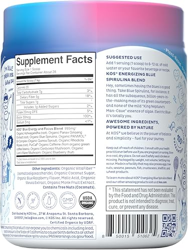 Miniatura 7 de KOS Polvo natural para preentrenamiento mezcla de espirulina azul con sabor a frambuesa azul 70 mg de cafeína orgánica ginseng cordyceps