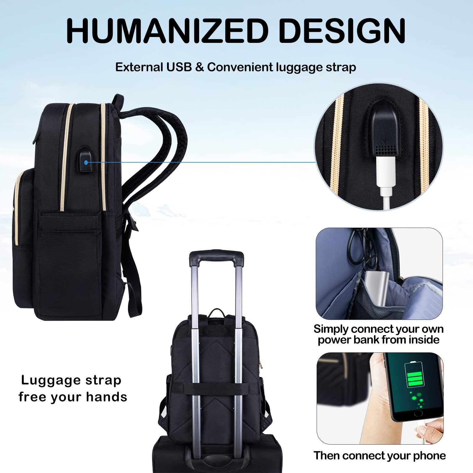VANKEAN 15,6 pollici Laptop Backpack per donne uomini lavoro moda con porta USB, impermeabile borsa zaini T elegante viaggio Daypacks casual per la università, affari, nero