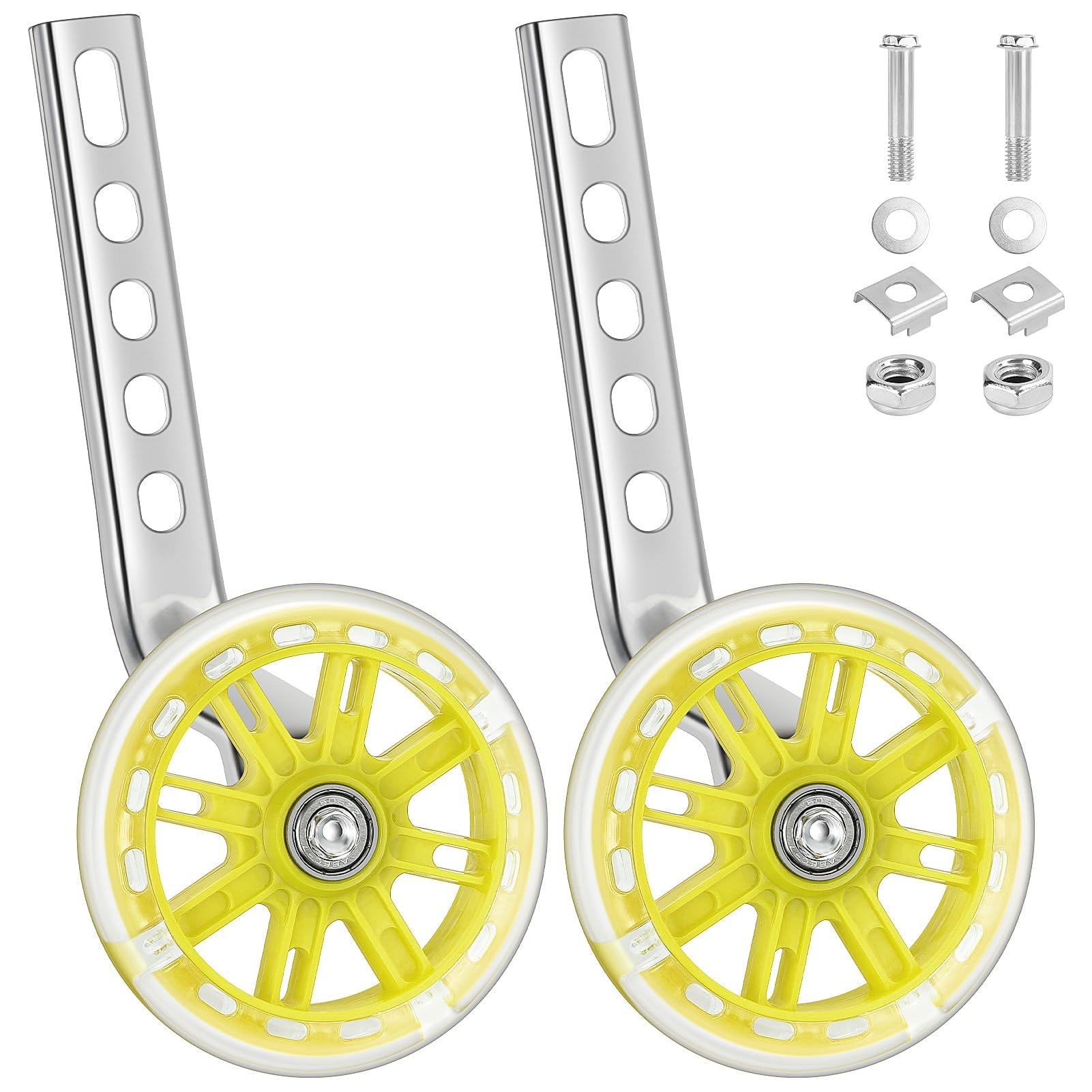 Youyijia 2PCS Bicycle Training Flash Wheels Bike Steel Frame Children's Bike Stabilizers Support Wheels Heavy Duty for 12 14 16 18 20 Inch Kids Riding Safety Equipment Yellow
