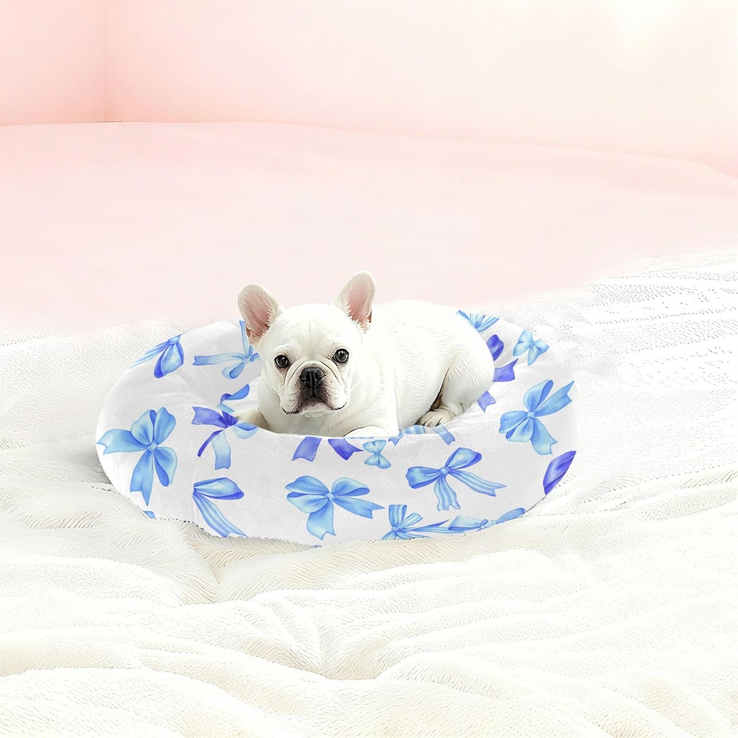 Dog Bed Ultra Soft Fluffy Comfortable Cat Bed, Blue Bows Washable Dog Beds Anti-Slip Round Pet Beds for Medium Dogs