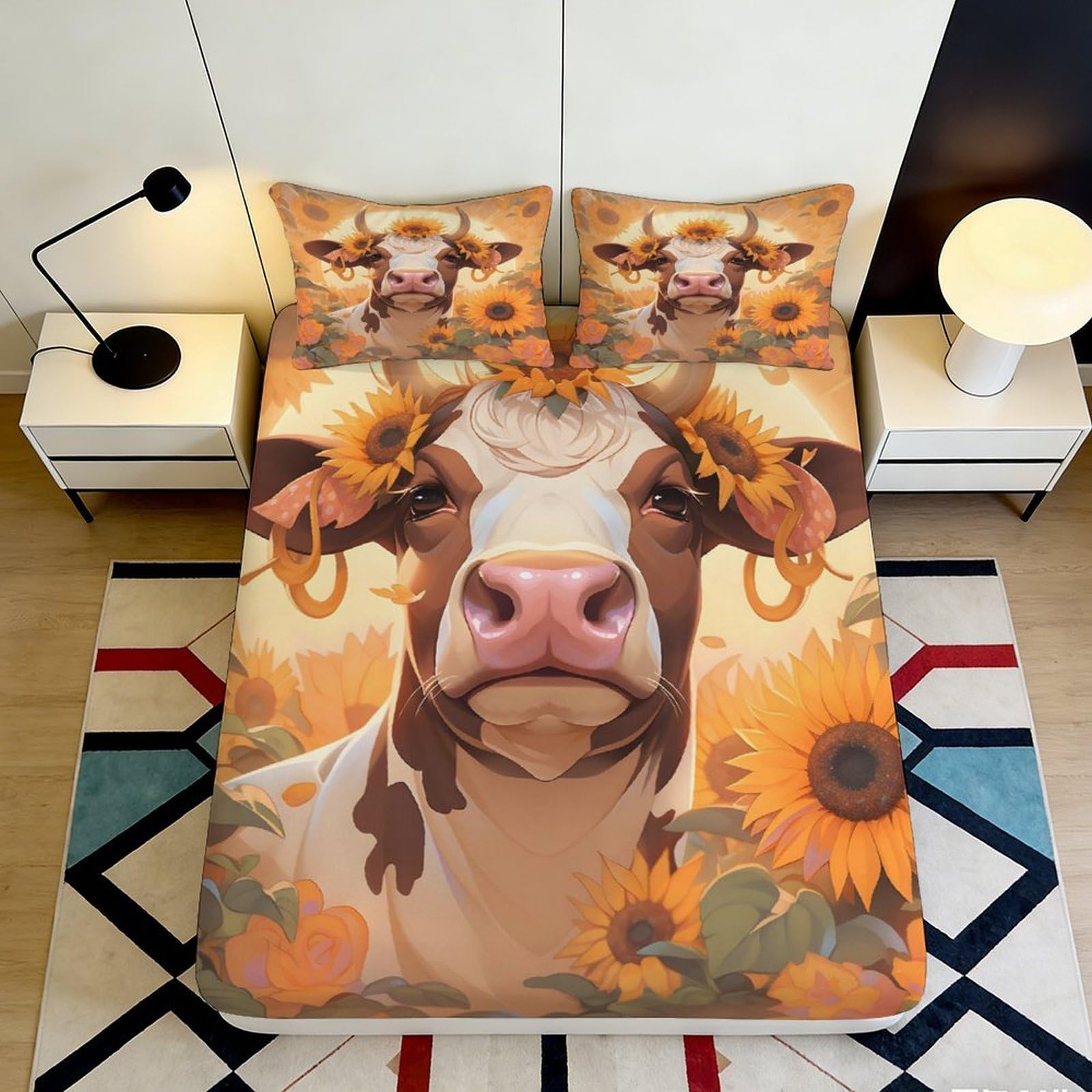 3D Printed Sunflower Cow Fitted Sheet Microfiber Soft Breathable Floral Pattern Bed Cover for Bedroom Dormitory Guest Room Mattress Protection 120x200x25cm