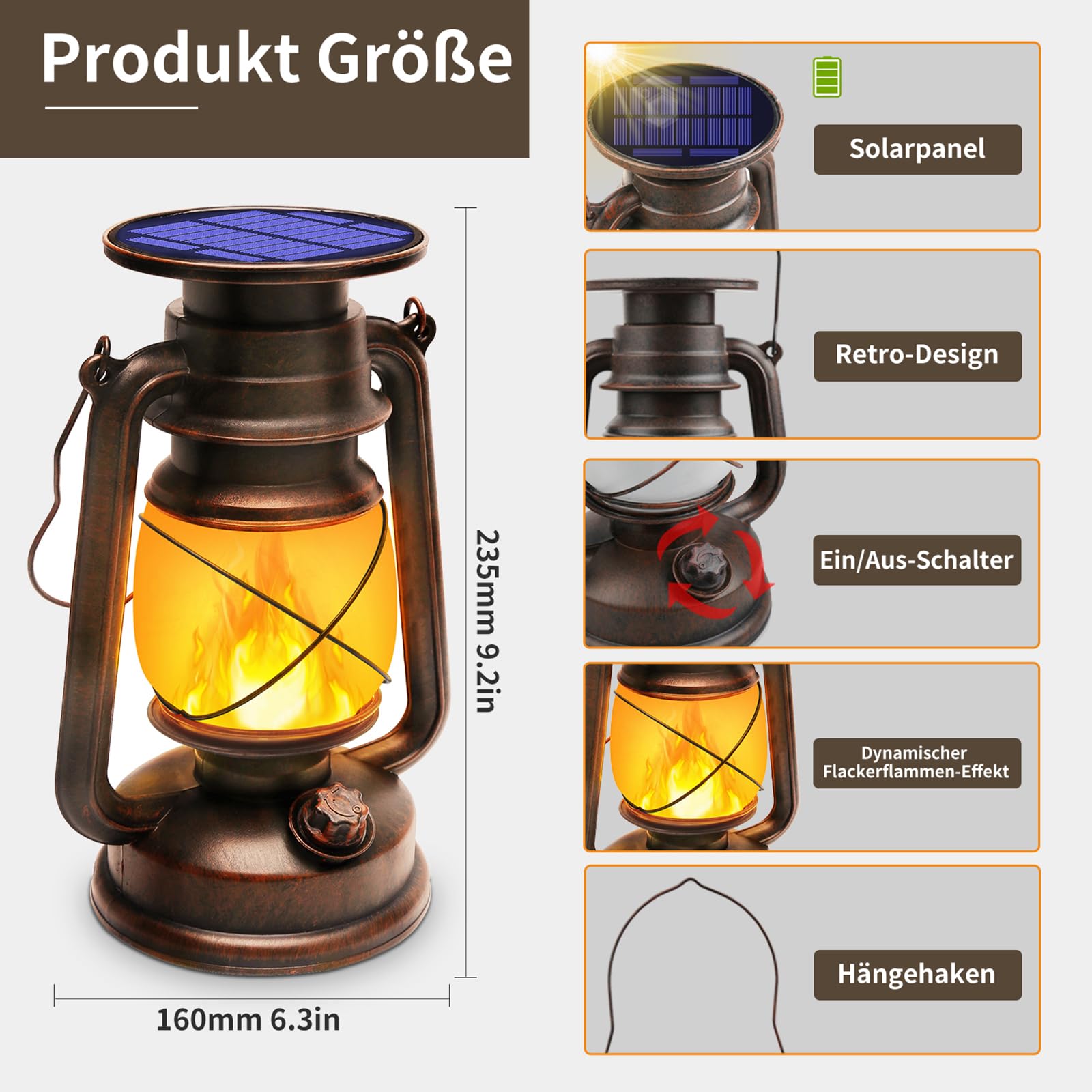 Shinmax Solarlaterne Outdoor Hängend, Solar Laterne Garten IP44 Wasserdicht mit Flammeneffekt, Retro LED Sturmleuchte mit Auto Ein/Aus, 1200mAh Solarleuchte für Terrasse Balkon Camping Deko