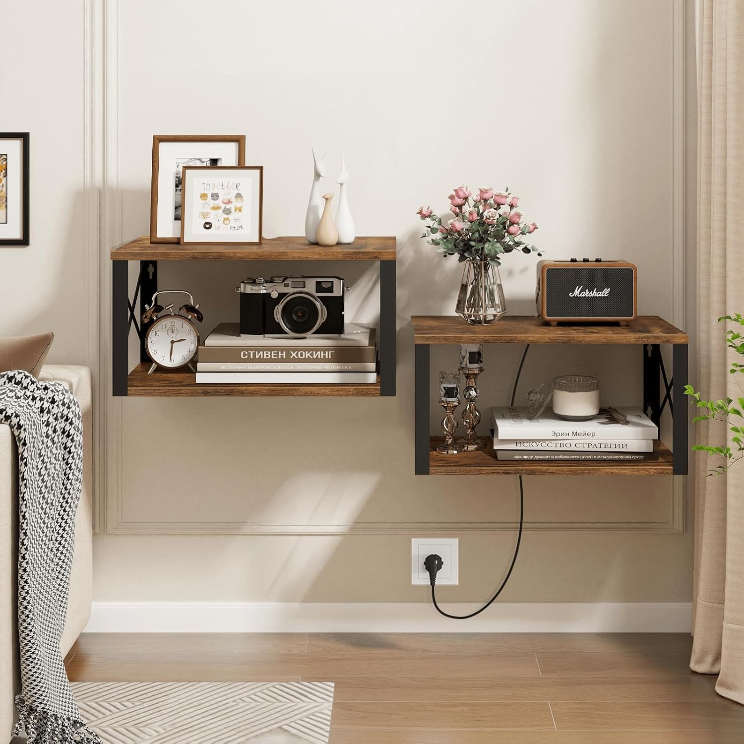Homode Floating Nightstand, Wood Floating Bedside Table with Cable Hole, 2 Tier Wall Mounted Nightstand, Hanging Night Stand Wall Shelves for Bedroom Living Room Bathroom Kitchen, Rustic Brown