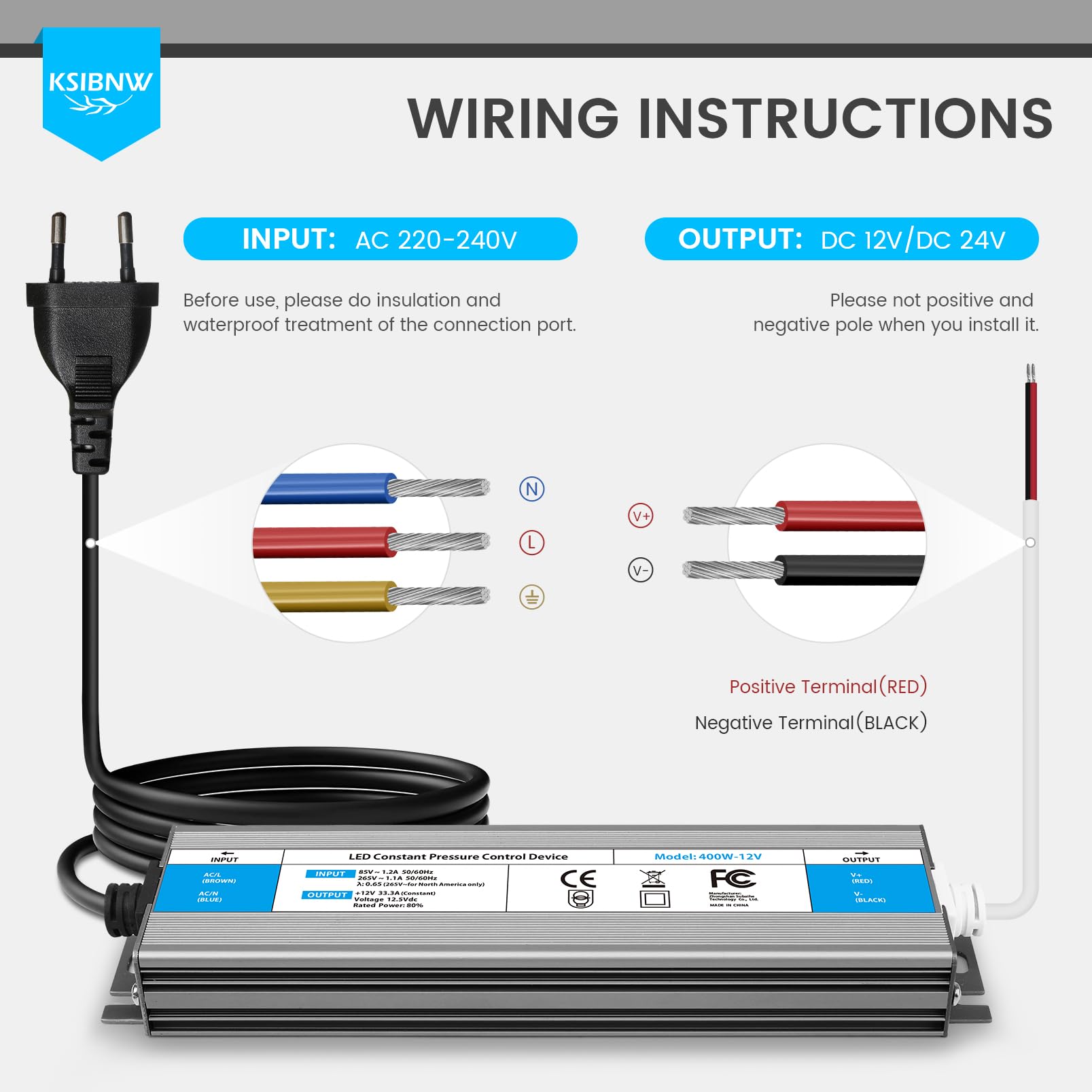 KSIBNW Transformateur 220V 12V 200W LED Driver Etanche IP67, Extérieur Transfo avec Prise 220V AC à 12V 16,6A Convertisseur Imperméable Ultra Fin Alimentation Tension Basse Constante Adaptateur