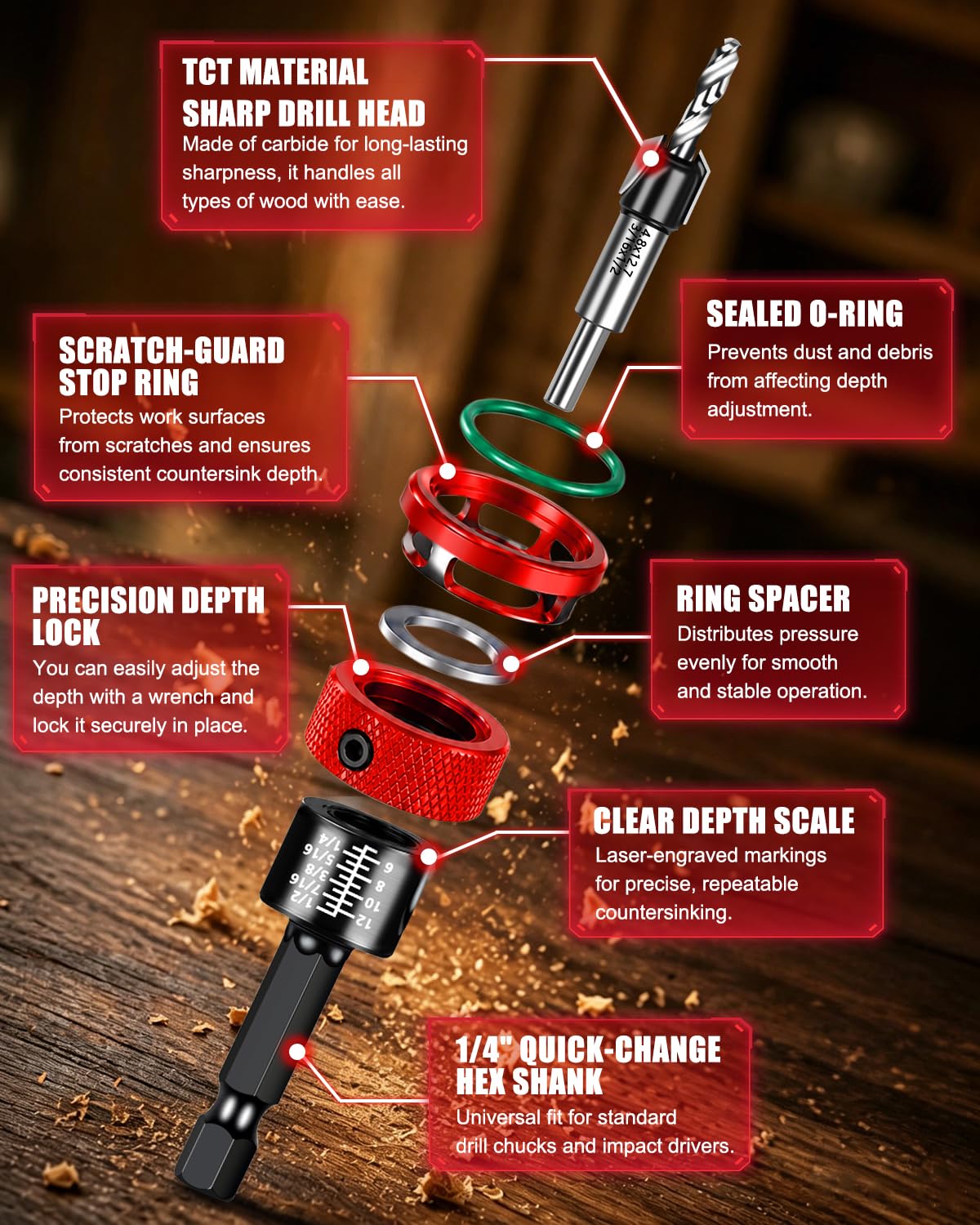 Countersink Drill Bit Set - 9 Piece with Depth Stop -2 Countersink Drill Bit Set - 9 Piece with Depth Stop -2