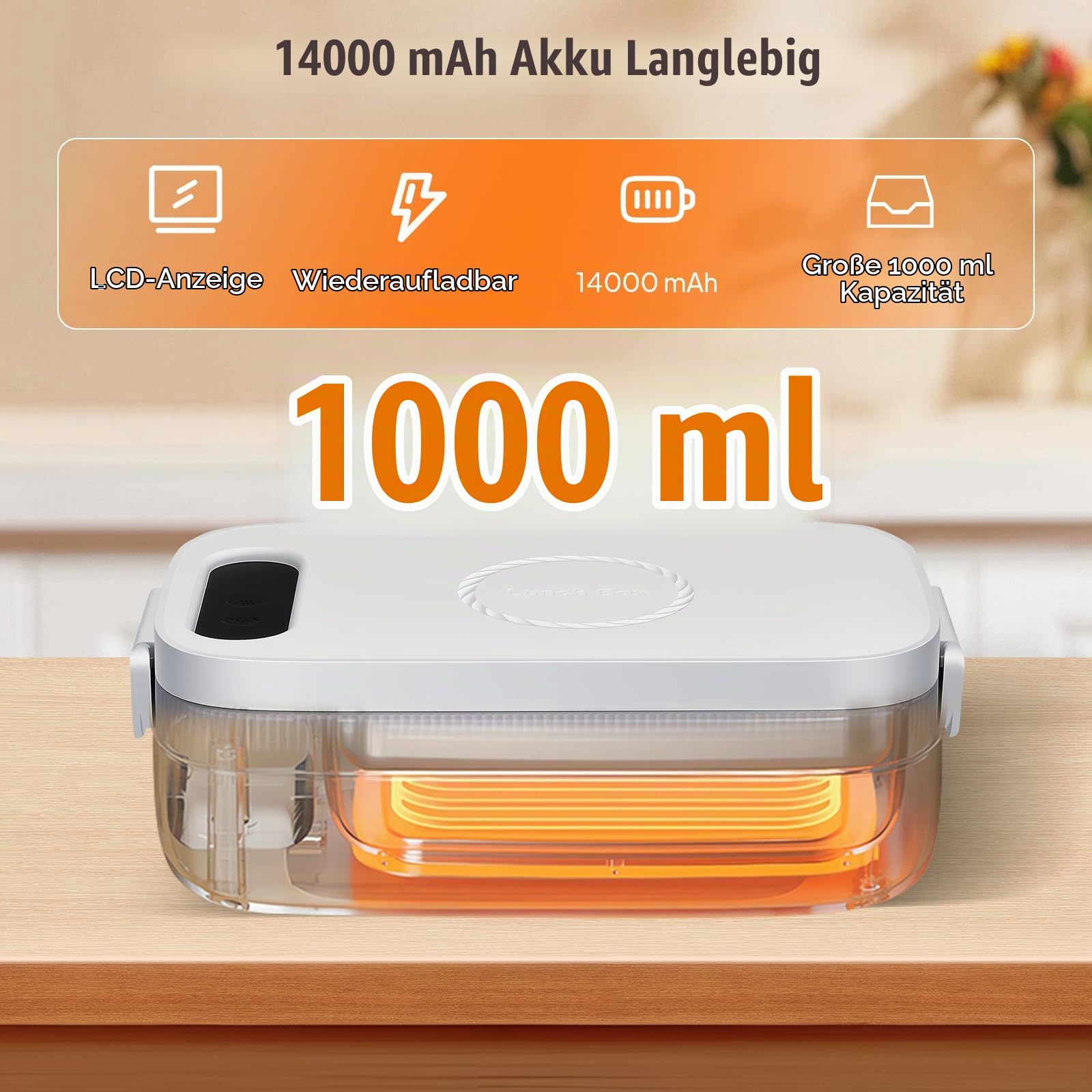 Elektrische Lunchbox mit Akku 14000mAh 1L Kabellose Beheizte Lunchbox für Erwachsene mit Automatischer Aufheizfunktion, USB Heizbare Brotdose, Edelstahl-Innenbehälter, Kein Besteck