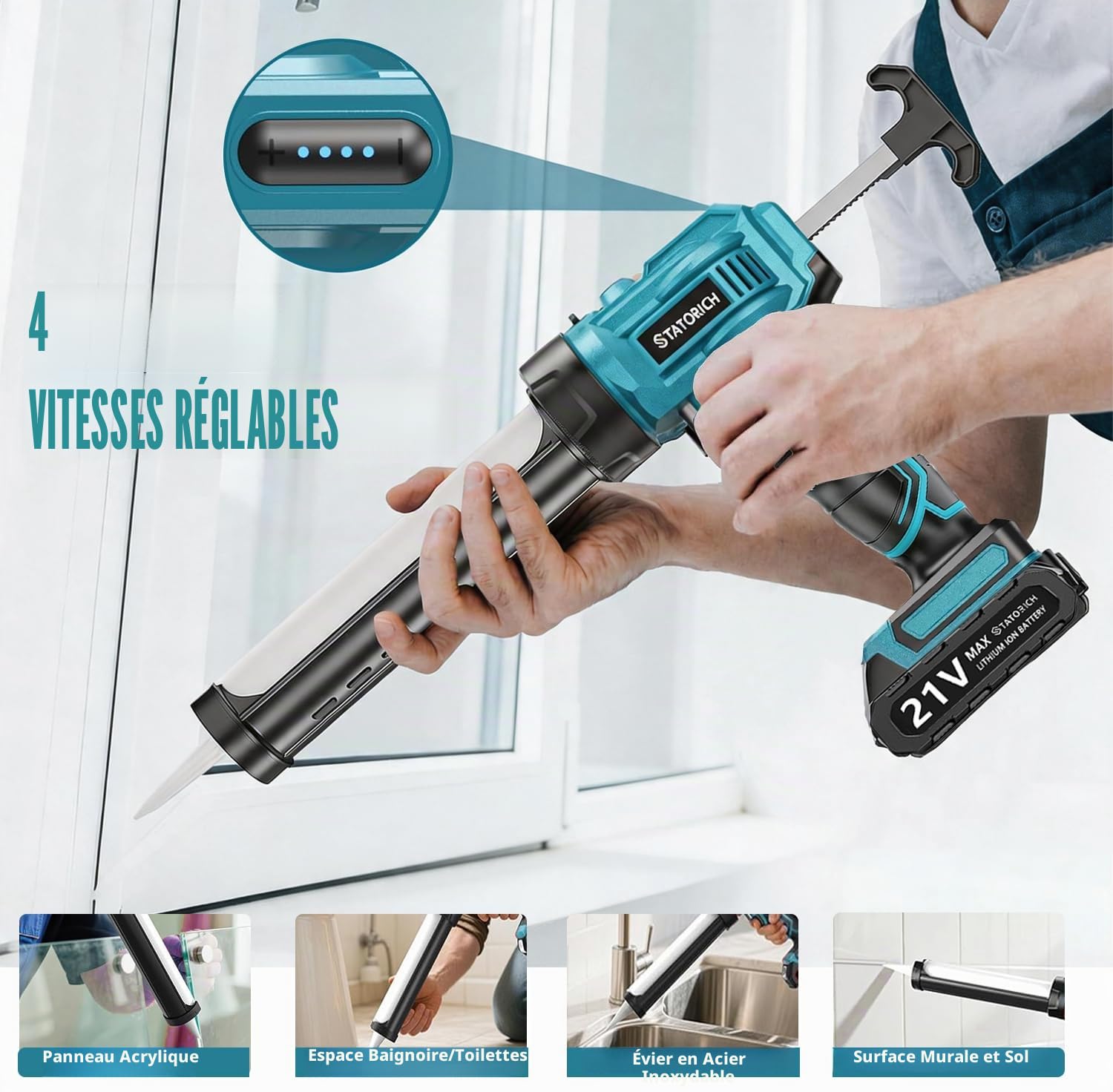 Pistolet à Cartouche Electrique Compatible avec Makita Batteries 18V sans Fil avec 2 x 2000 mAh Batteries, Pistolet Silicone Électrique de 300 ml, Lumière LED, 4 Vitesses, pour Calfeutrer (Bleu)