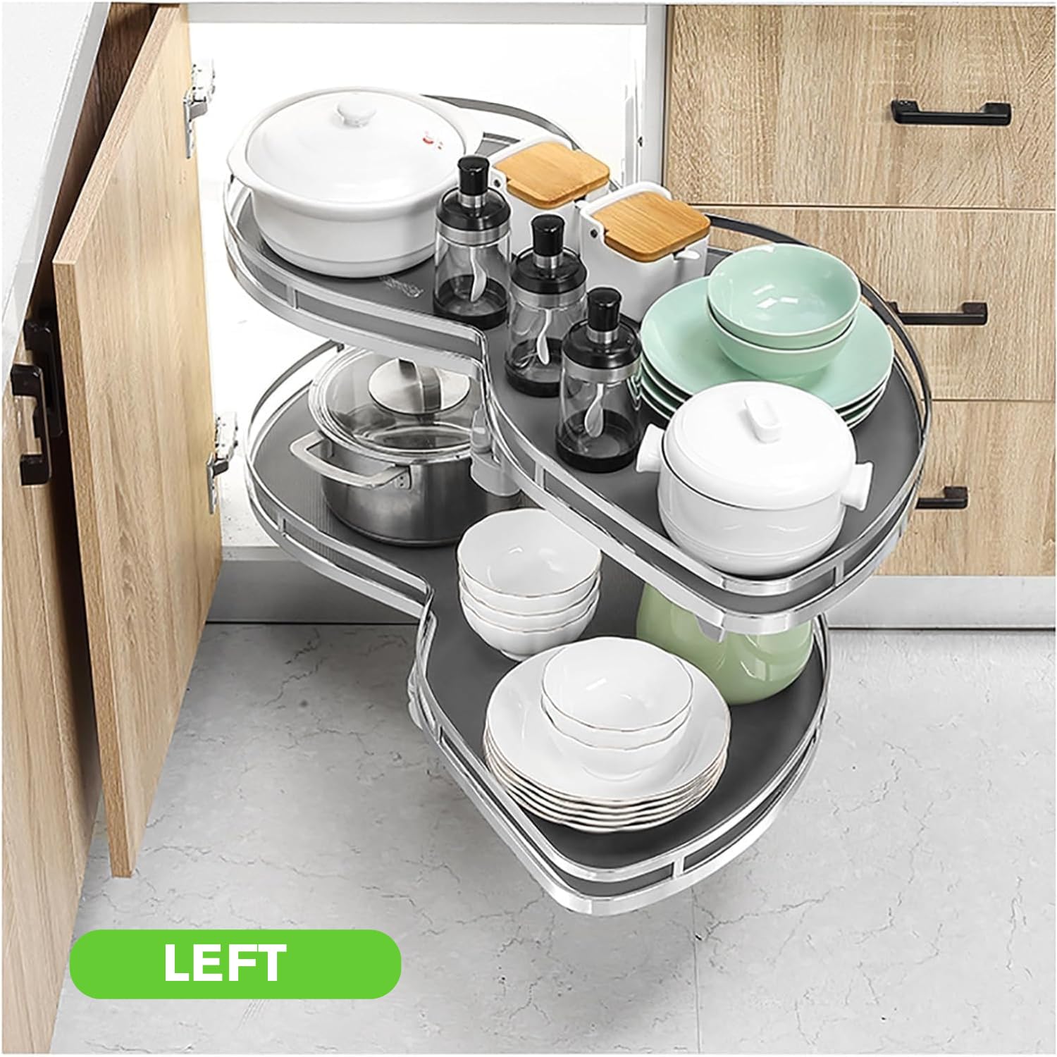 Evotrade Mecanismo angular de frijol para base de cocina, cesta extraíble amortiguada con 2 niveles, rotación de 270°, capacidad de carga de 40 kg, para mueble de esquina (puerta izquierda)