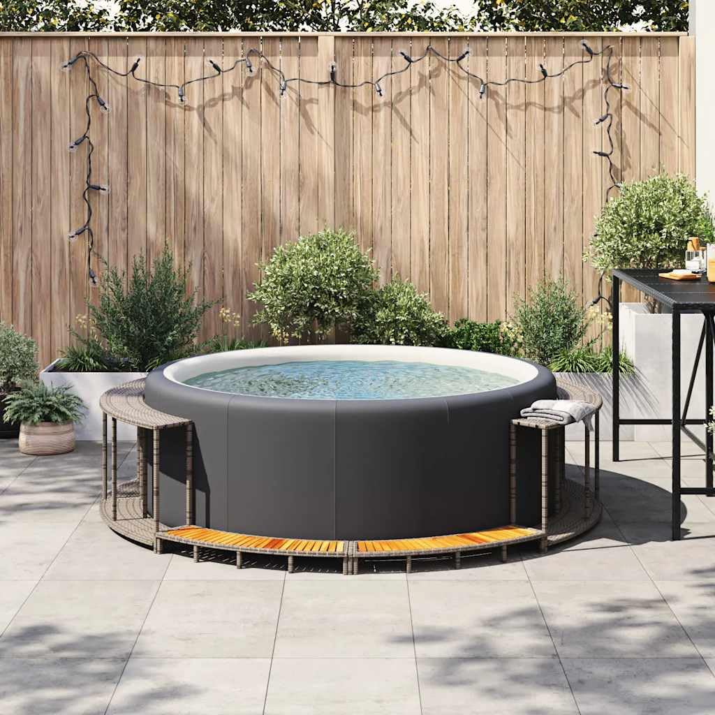 Mangloder - Bordo per vasca idromassaggio con vano portaoggetti, in polyrattan grigio, scala in legno di acacia, accessorio per esterni per idromassaggio, vasca idromassaggio, piscina fuori terra, spa