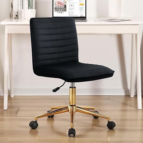 Furnimart Silla moderna tapizada de terciopelo negro para oficina en casa, silla de escritorio sin brazos para computadora, respaldo medio, silla Furnimart Silla moderna tapizada de terciopelo negro para oficina en casa, silla de escritorio sin brazos para computadora, respaldo medio, silla