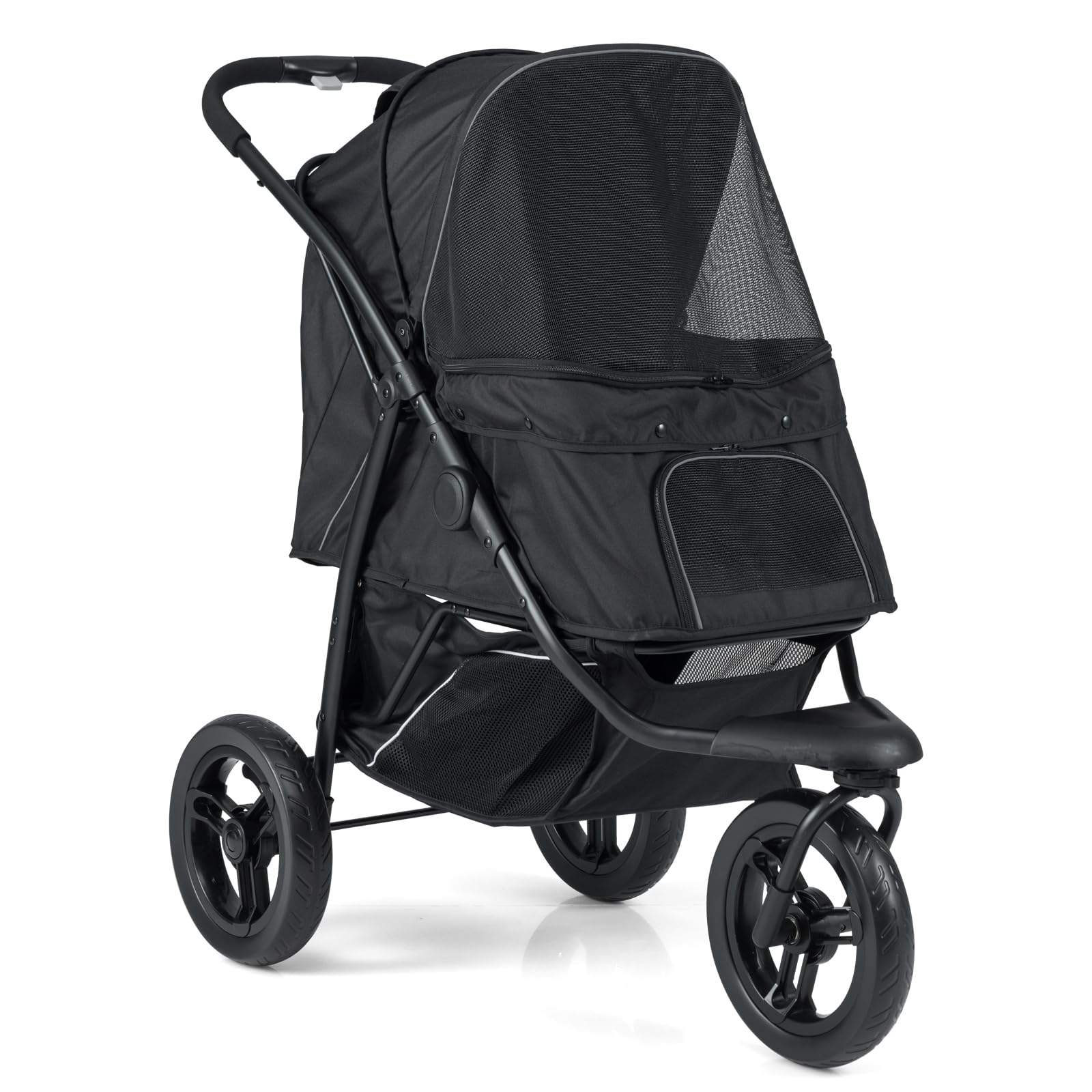 COSTWAY Passeggino a 3 Ruote per Cani Piccoli e Medi, Passeggino Pieghevole per Gatti con Freno a Pedale Singolo, Tenda Regolabile, Cestino, Cuscino e Guinzaglio di Sicurezza, Portata 25 Kg (Nero)