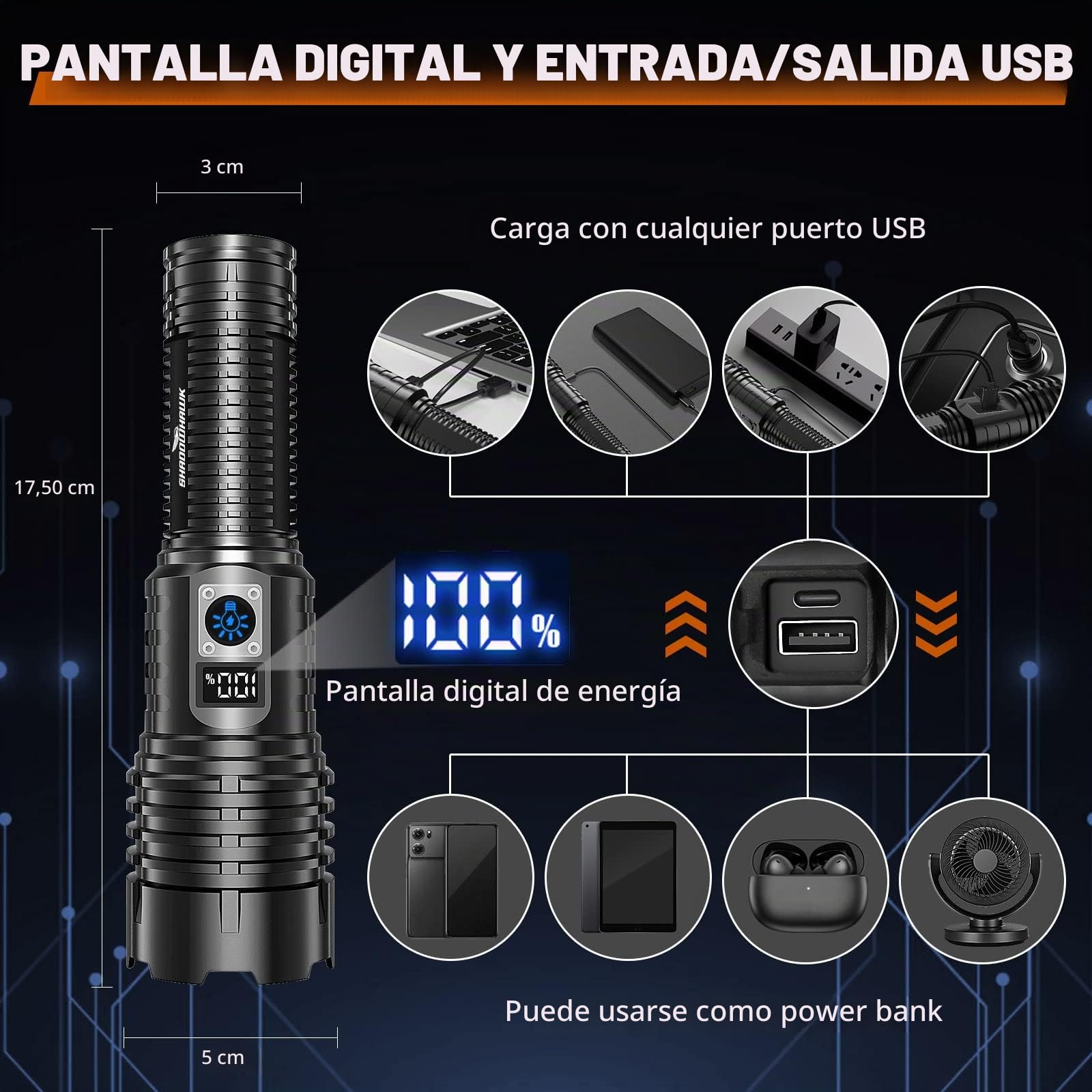Shadowhawk Antorchas LED Linterna Superbrillante, Recargable
