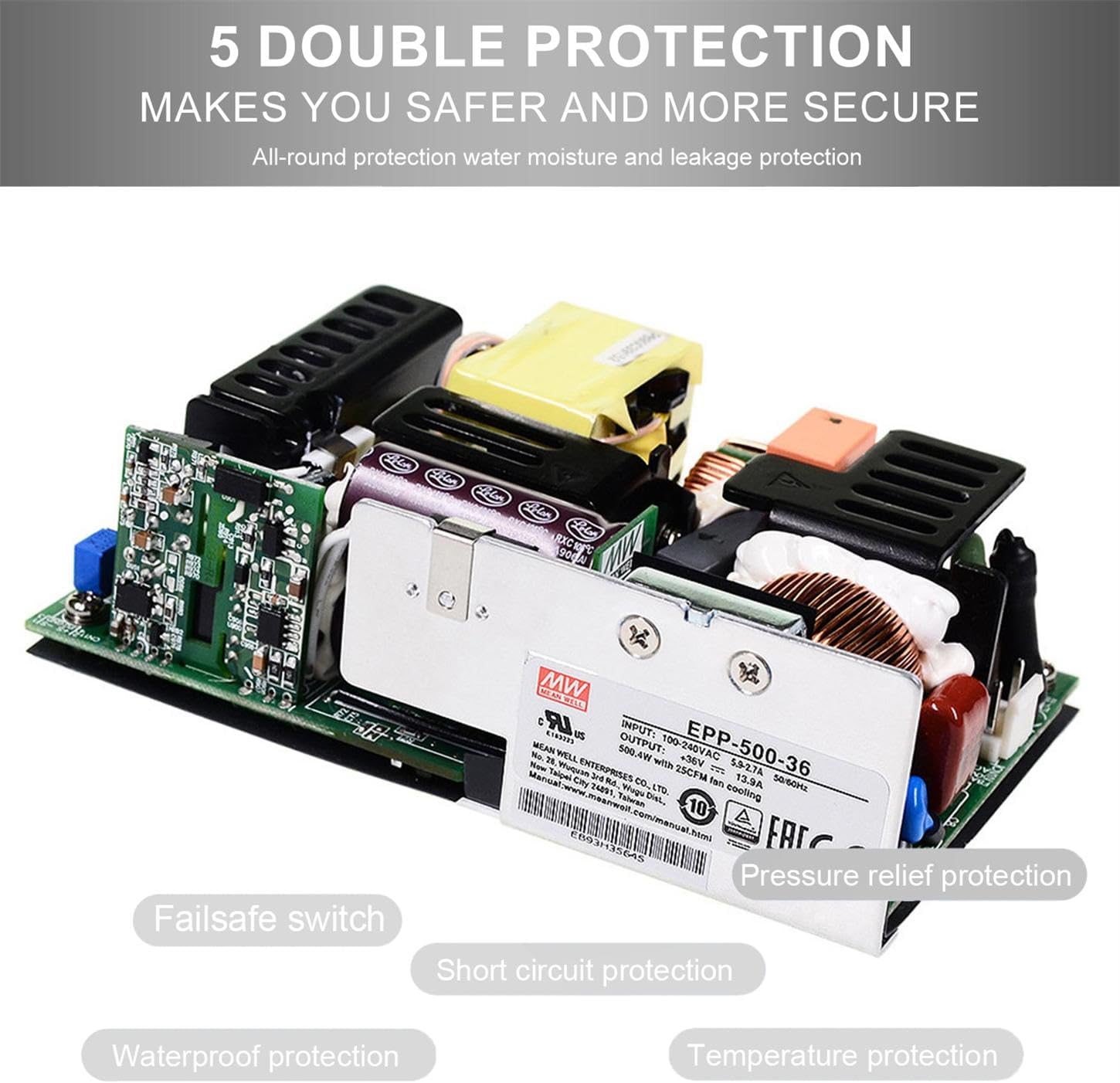 EPP-500-36 500W 36V Open Frame Power Supply, Constant Voltage, 5"x3", Green, Industrial Grade, for Automation Equipment, Test Systems, LED Lighting