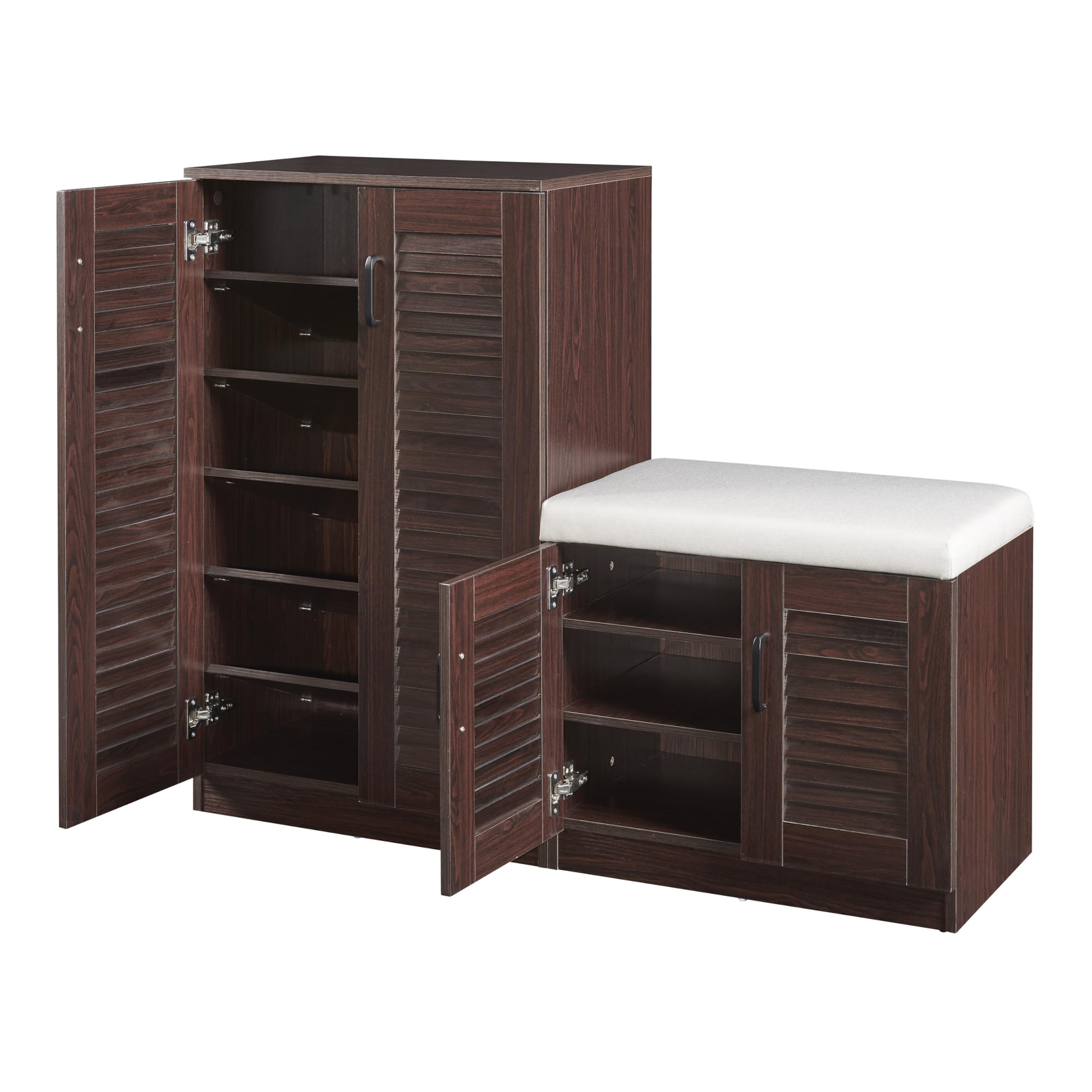 [en.casa] Set di Armadio Scarpiera e Panca Contenitore con Seduta Imbottita Mobile Portascarpe Ante a Persiana e Ripiani Inclinati 97 x 120 x 36 cm MDF Wengè