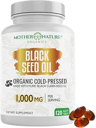 Mother Nature - Cápsulas de aceite de semillas negras  Comino orgánico prensado en frío Nigella Sativa  Aceite de comino líquido de semillas negras
