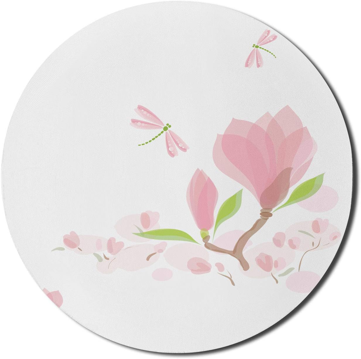 Ambesonne Dragonfly Mouse Pad for Computers, Magnolia Branches and Leaves in Soft Tones Romance in Spring Concept, Round Non-Slip Thick Rubber Modern Gaming Mousepad, 8 Round, Pale Pink Lime Green