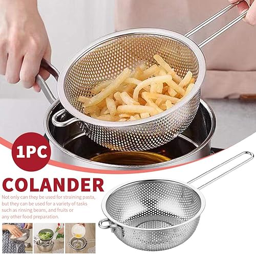 Miniatura 4 de Colador de acero inoxidable de malla fina con mango largo, coladores de alimentos de metal de cocina con pies de descanso para colar, enjuagar,