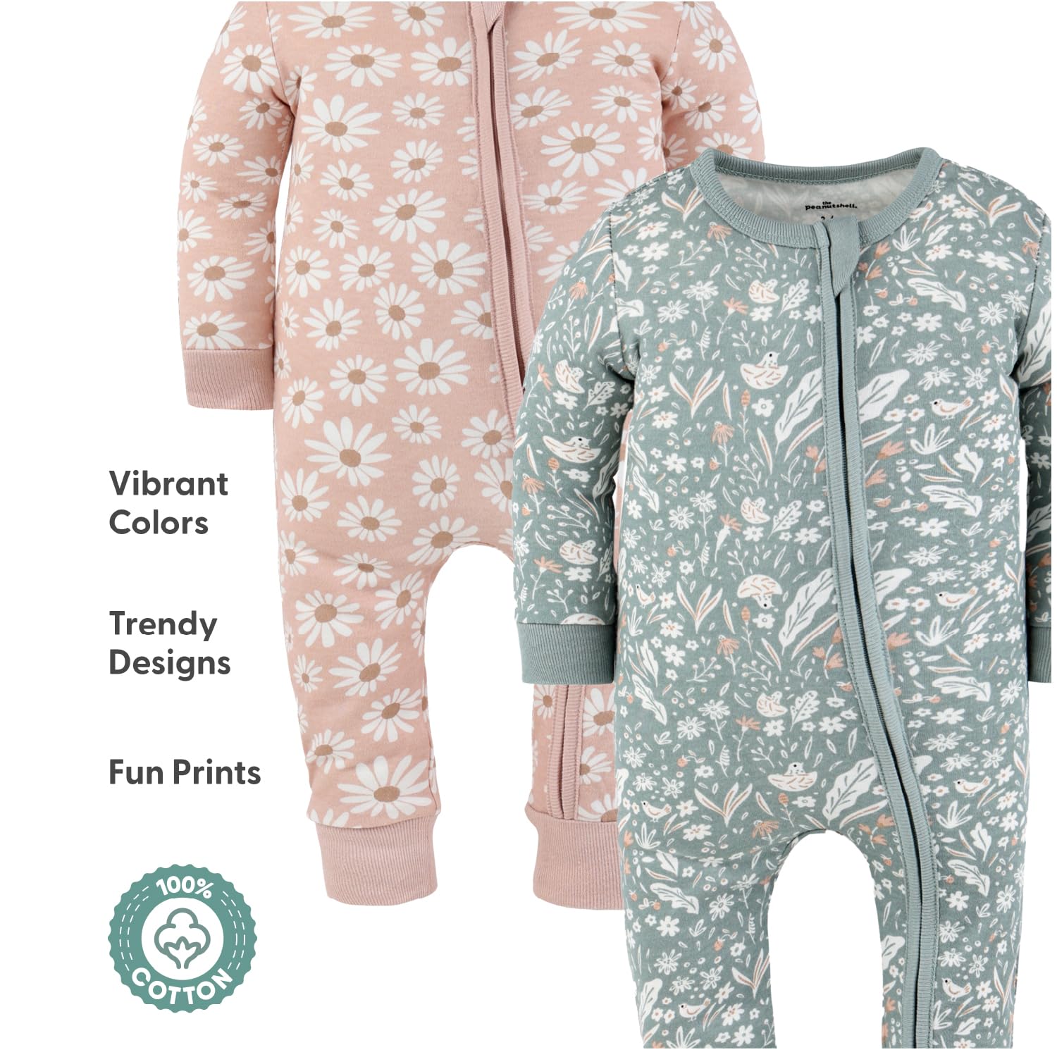 The Peanutshell 2-Pack Sleep and Play Baby Girl Clothes, Soft Cotton Footless Pajamas, Boho Meadow - 4