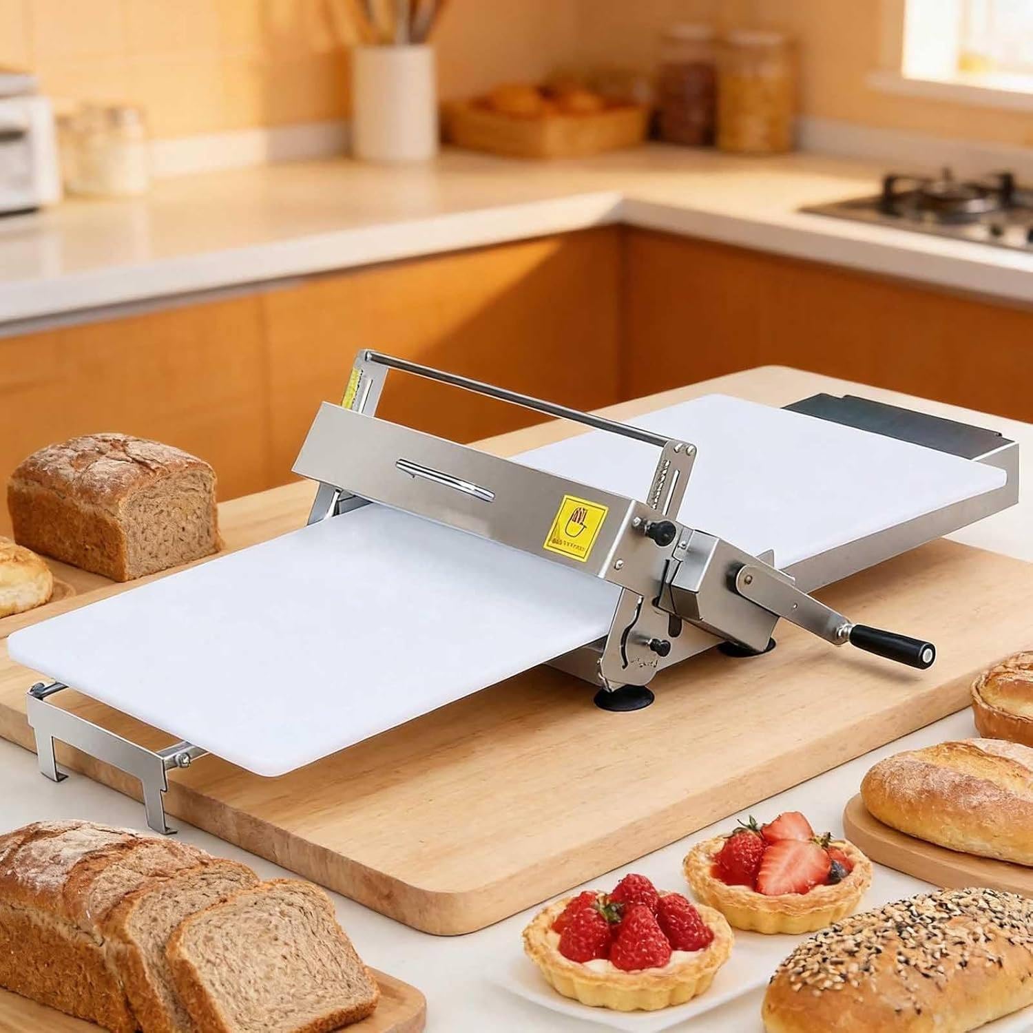 Laminadora de masa manual de acero inoxidable para uso doméstico, plegable, tipo 300, con 55 grosores ajustables.