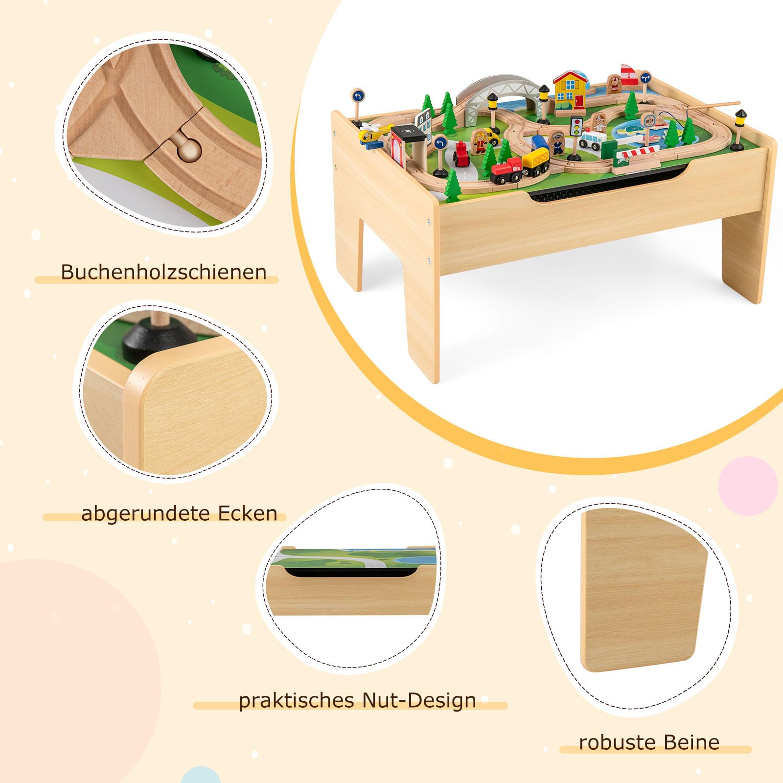 GOPLUS Stół do zabawy z 78 zabawkami, zestaw kolejowy dla dzieci z obrotowym blatem, płytami budowlanymi, torami, samochodami, stół do aktywności dla dzieci z drewna, z miejscem do przechowywania, dla