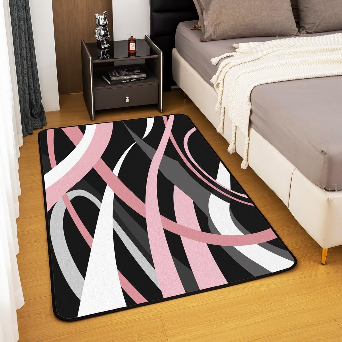 Feelyou Pink Black Grey White Living Room Rugs for Girls Kids Area Rug 5x7 Stripes Accent Rugative Geometric Indoor Floor Mat Modern Striped Art Decorative Rug