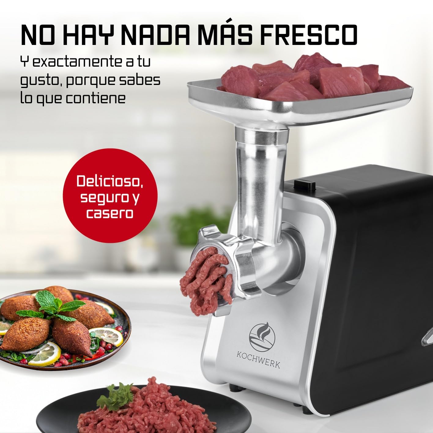 KOCHWERK Picadora de carne eléctrica con diferentes accesorios, procesa hasta 2000 g/min | carne picada, kibbeh, churros, salchichas y más con solo pulsar un botón | fácil manejo y limpieza [1600 W]