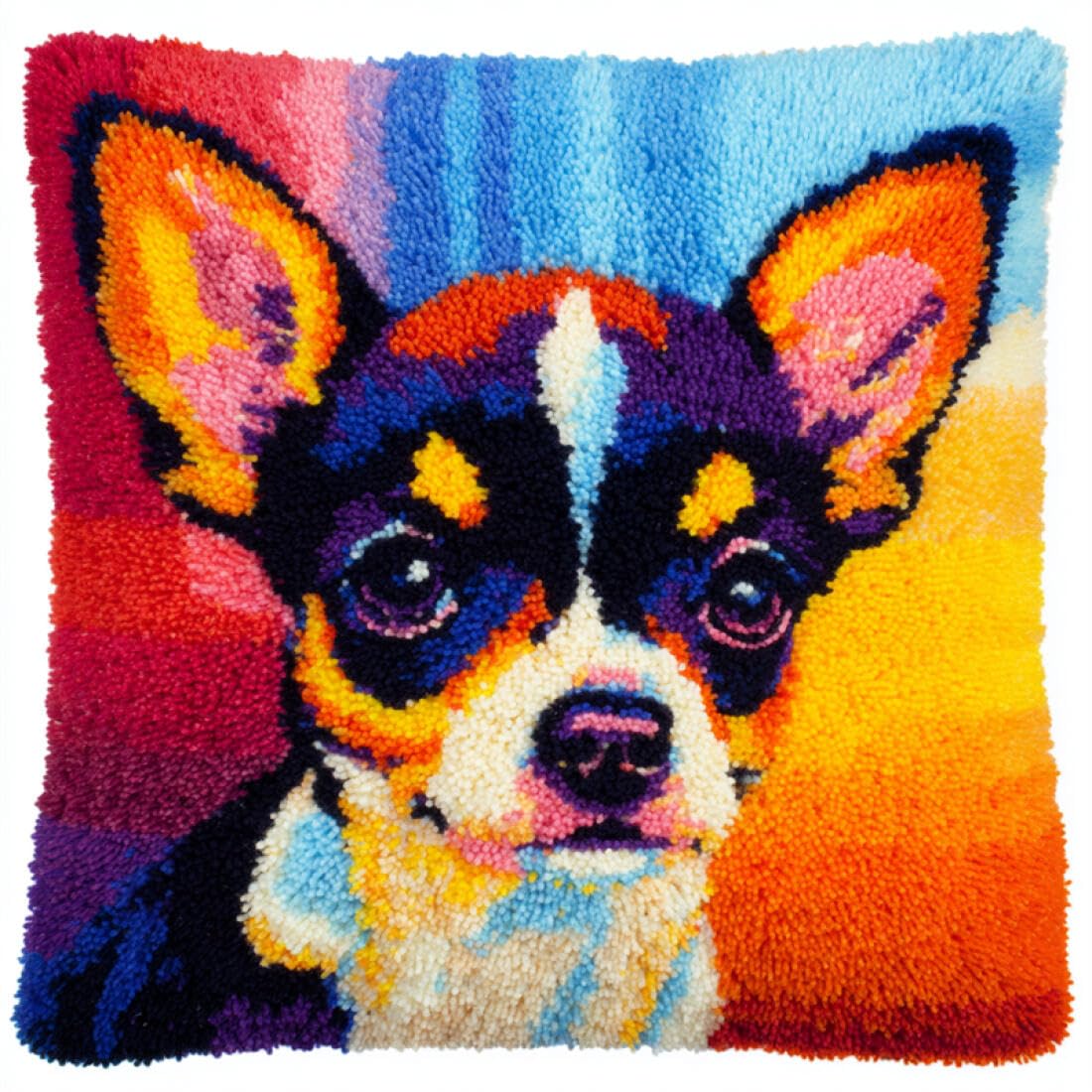 Kitquiver Animal Cushion Making Kit Colorful Chihuahua DIY Latch Hook Kits Pillow Needlepoint Cushion Kit for Home Décor Needlework Set for Adult Beginners 17x17In