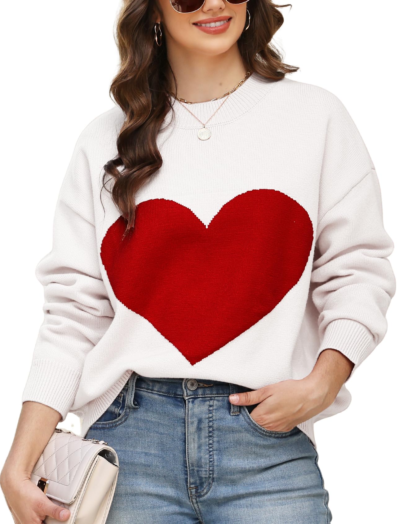 Gihuo Women s Valentine Sweaters Crewneck Heart Sweater 2026 Long Sleeve Romantic Valentines Sweater Jumper