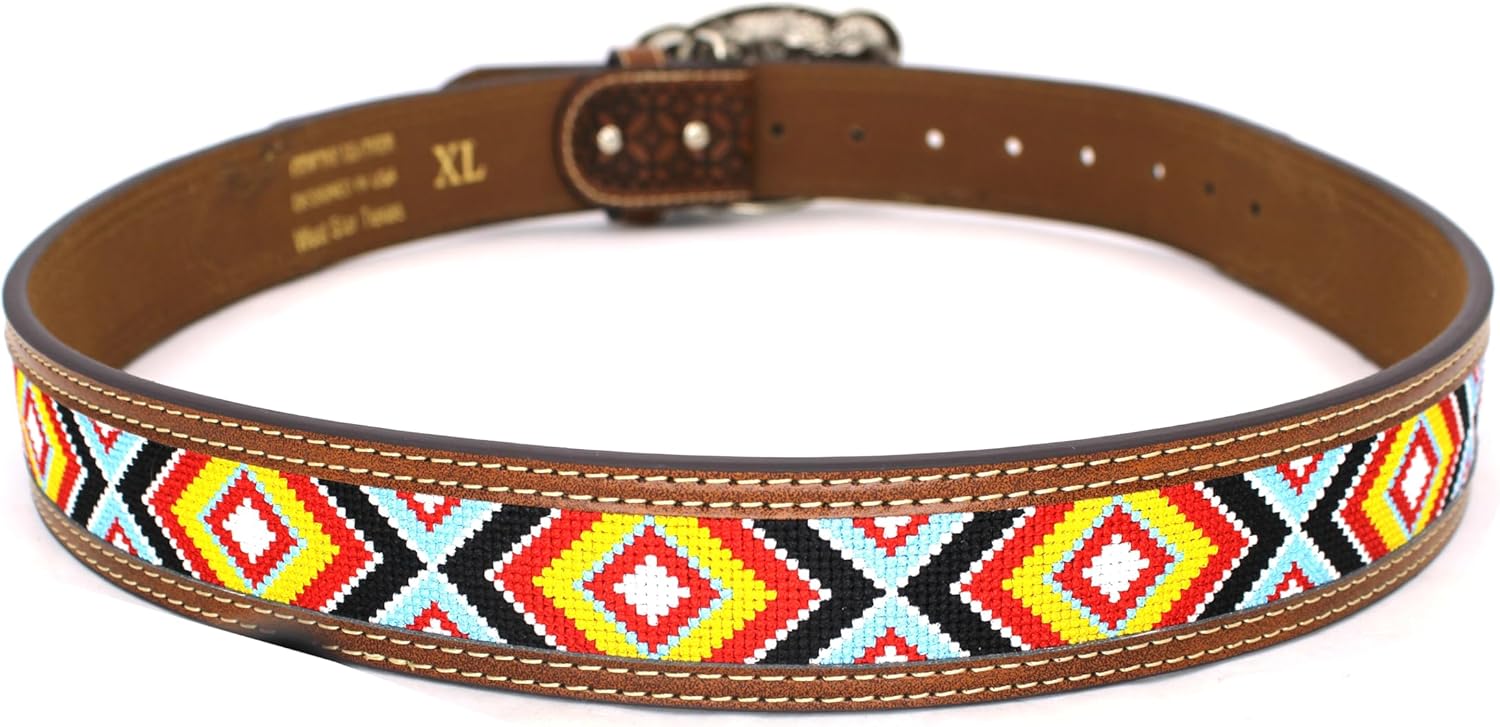 Embroidery Fabric Belt Aztec Print Men Women Cowboy Genuine Leather