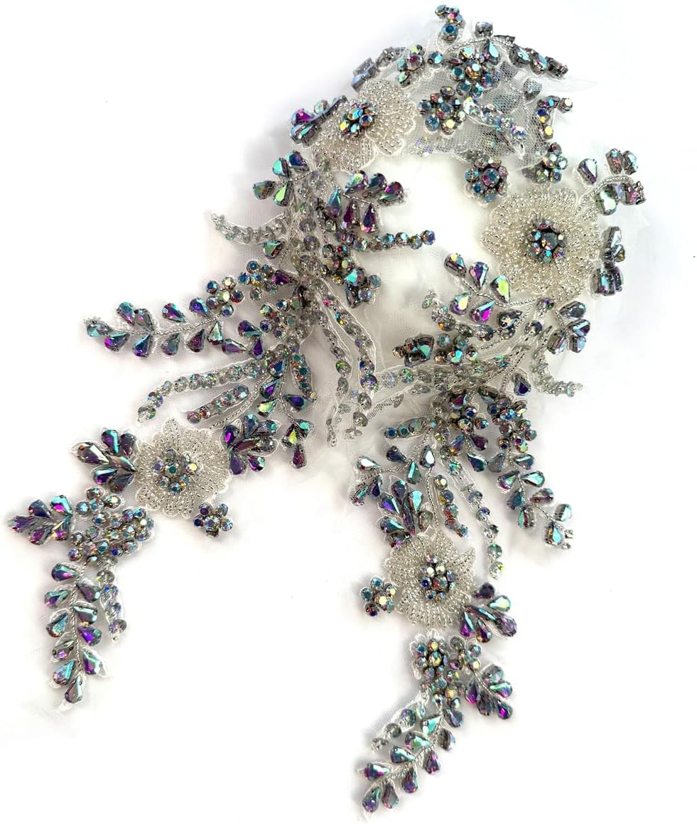 2PCS Rhinestones Beaded Shiny Applique patchs,Flowers 3D Beading Applique for Clothing,Wedding Dress,Prom Dress and Other DIY Project Decoration 13.3 * 5.5 in (AB Color)