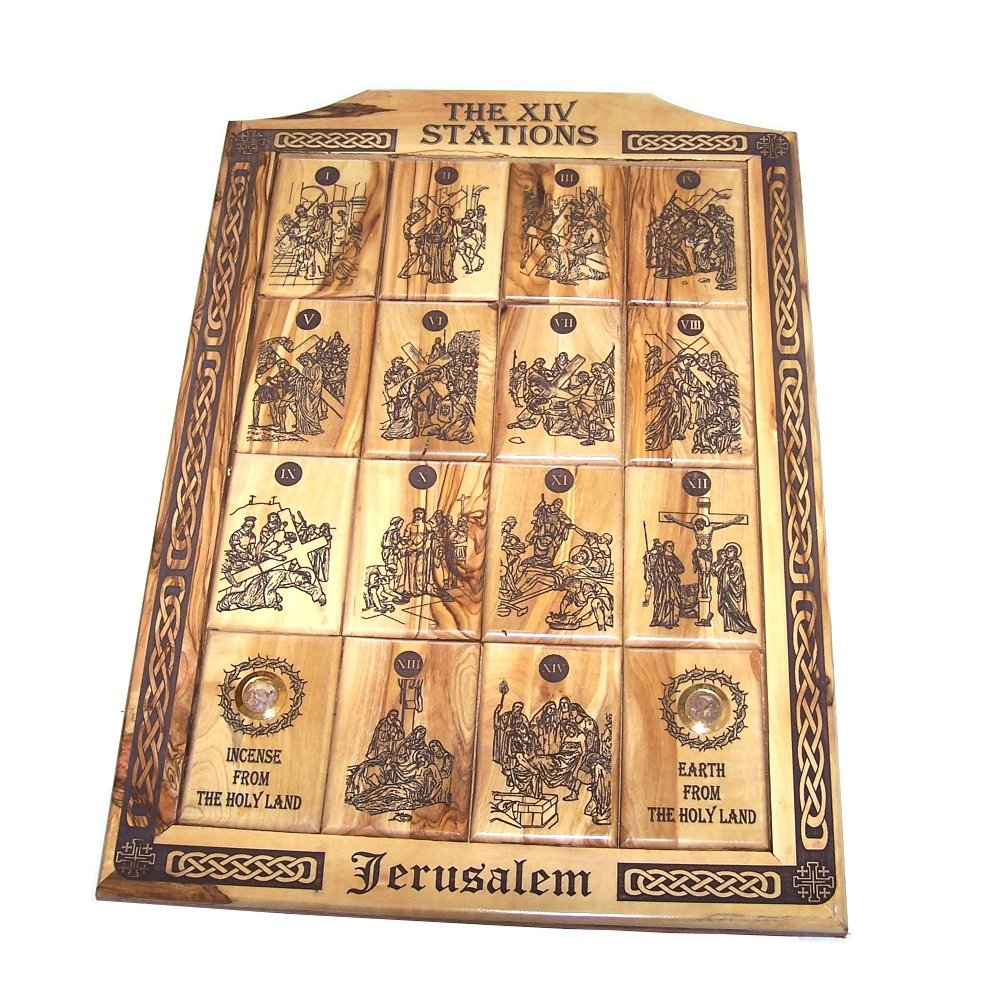 Holy Land Market Olive Wood Stations of The Cross Icon with Images Engraved by Laser in Plaque - one