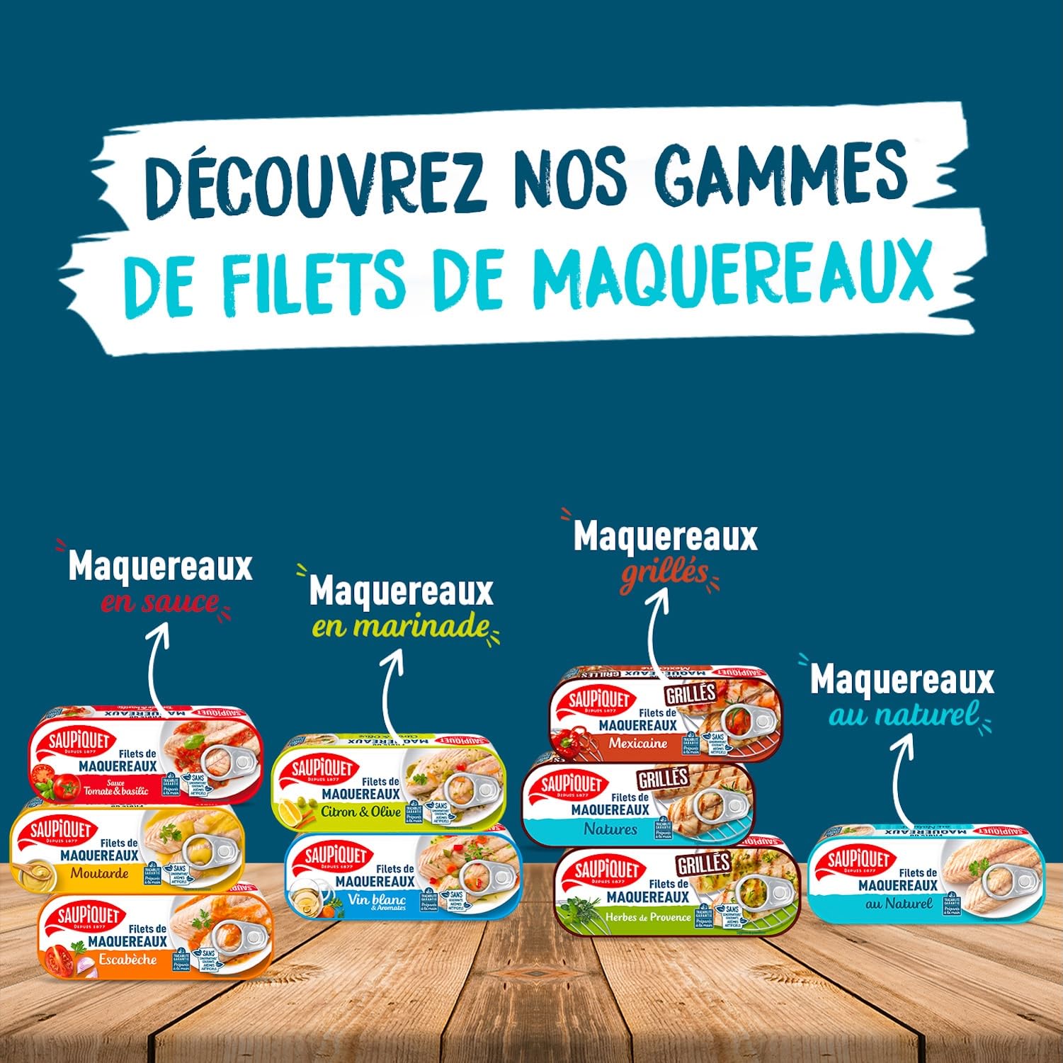SAUPIQUET - Filets de Maquereaux au Vin Blanc & Aromates - Riches en Oméga 3 - Issus d'une Pêche Traçabilité Garantie - 10 Conserves (176 g)