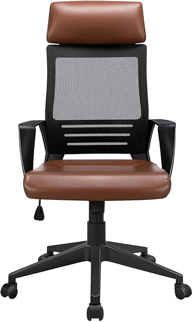 Yaheetech Executive Office Chair Adjustable Computer Chair Leather Swivel Chair with High Back, Headrest, Lumbar Back Support and Wheels for Home Office Work Study Brown