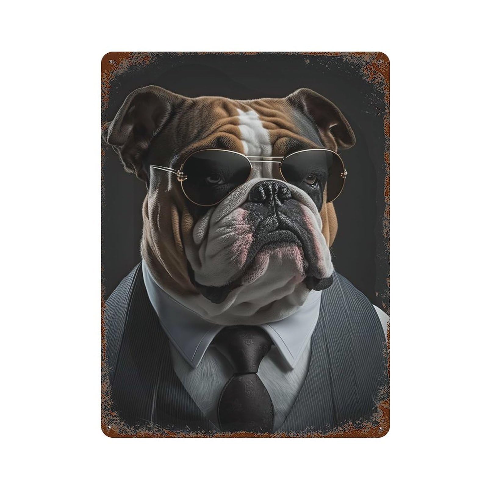 English Bulldog Mafia Boss Aged Metal Wall Plaque 15.7"x11.8", Old School Wall Decor for Garage, Pub Or Kitchen