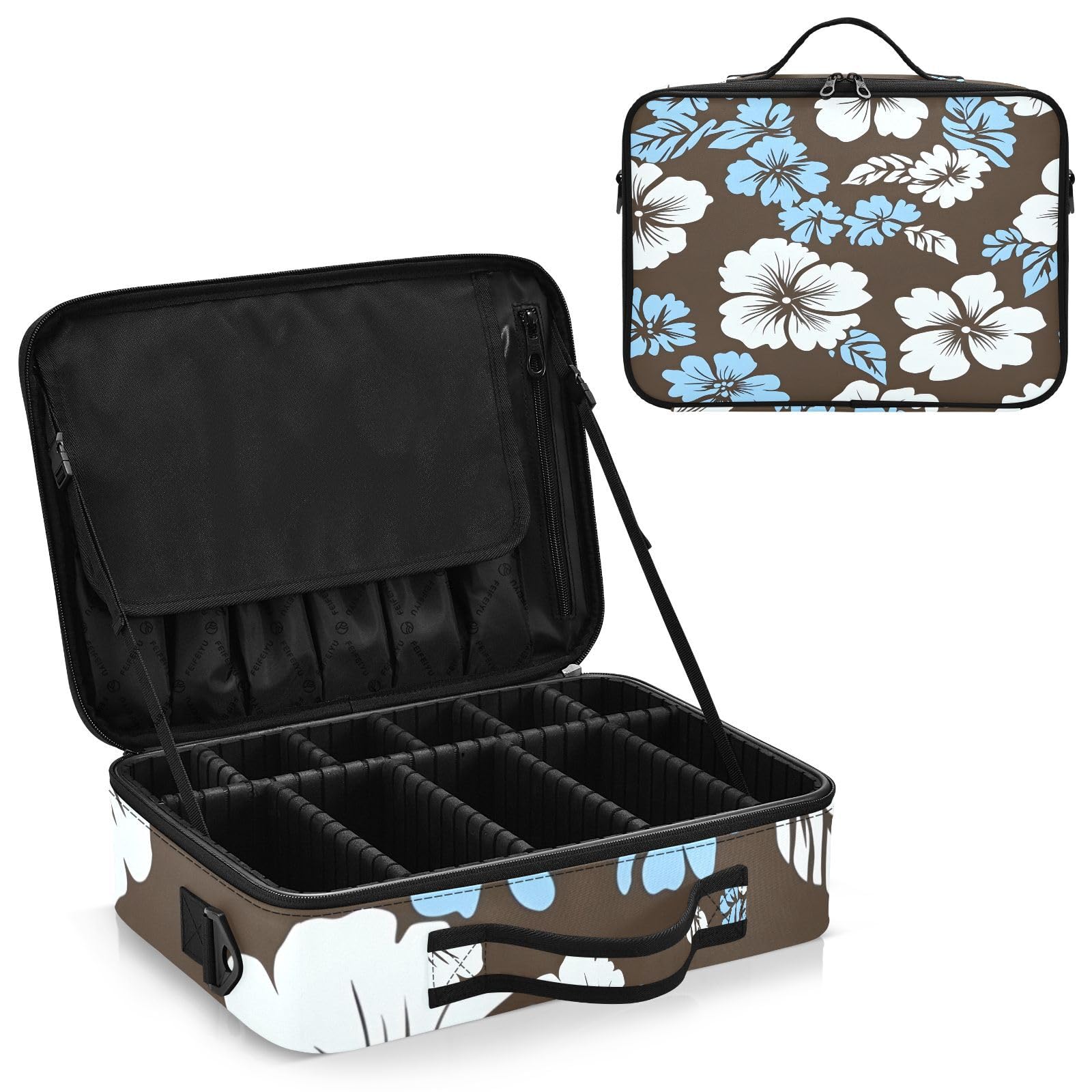 zyrtty Travel Makeup Train Case Blue White Flowers Brown Cosmetic Organizer Portable Storage Bag with Adjustable Dividers for Cosmetics Brushes Toiletry Jewelry Digital Accessories