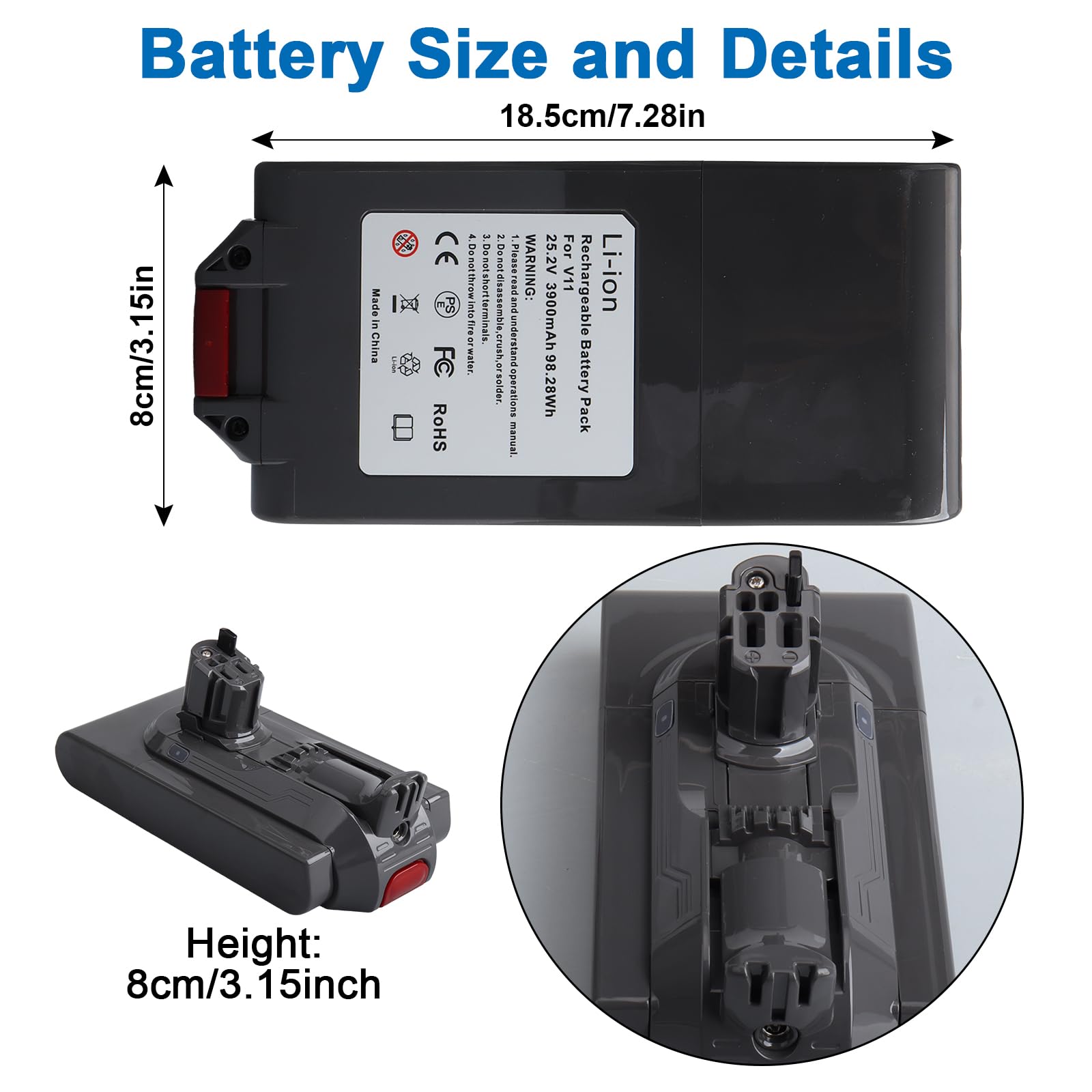 Batería de repuesto de 25,2 V, 3900 mAh, V11, compatible con aspiradoras Dyson-V11 V15 de ion de litio Animal/Absolute/Motorhead/Fluffy/aspiradora de mano (versión click-in, no para modelos con
