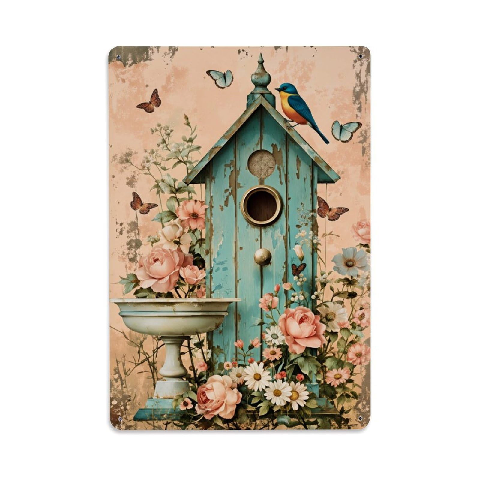 Enderetf Vintage Birdhouse Floral Garden Butterflies Roses Tin Sign Metal Poster, Home Bar Garage Man Cave Cafe Indoor & Outdoor Wall Decoration 8X12inches