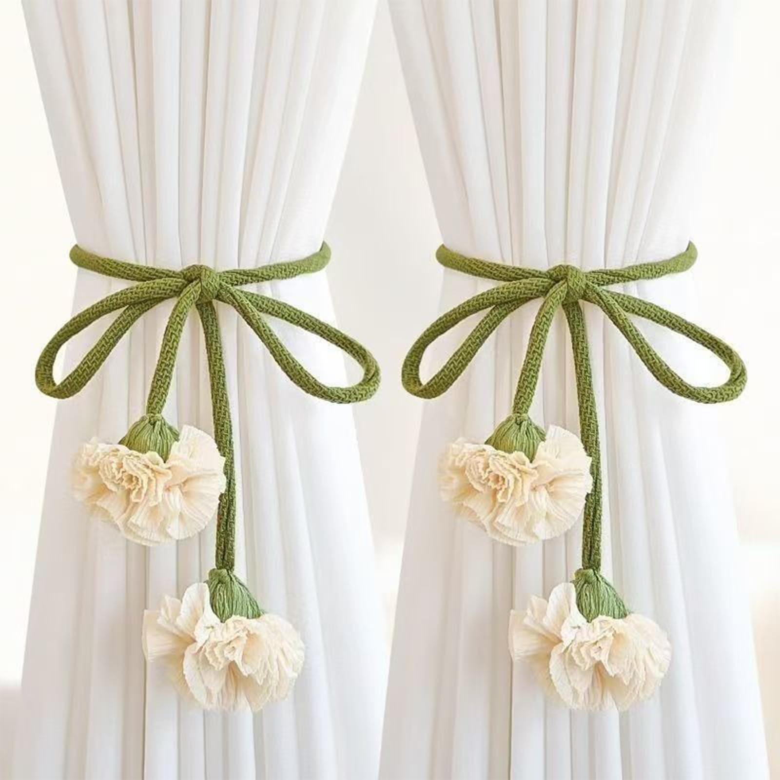 fermatenda beige con ganci e fibbie in corda, fermatenda con nappe in stile bohémien intrecciate