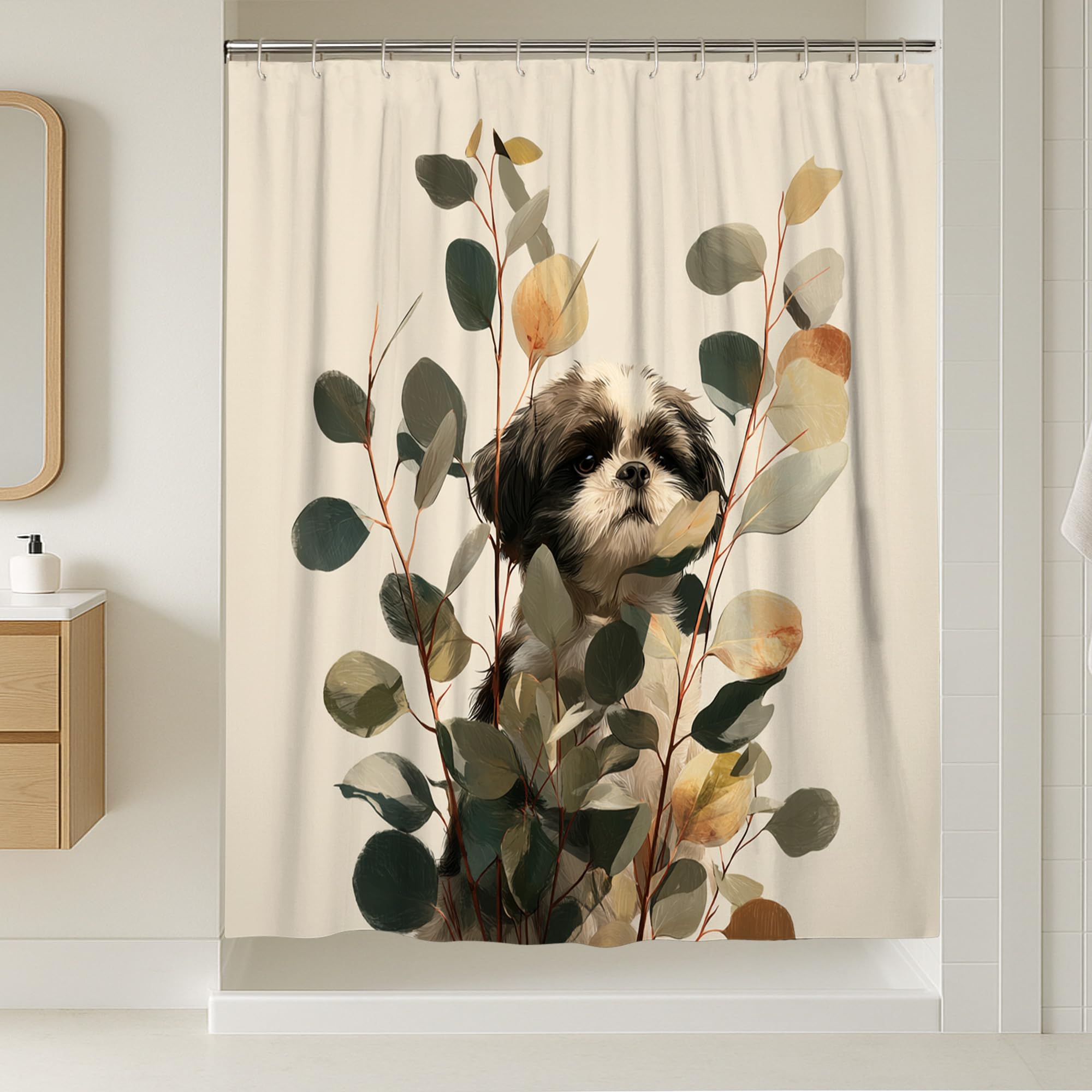 Dog Shower Curtain, Artistic Shih Tzu Dog in Leaves Bathroom Decor, Autumn Modern Nature Inspired Waterproof Fabric Shower Curtain for Animal Lovers 72x96 Inch